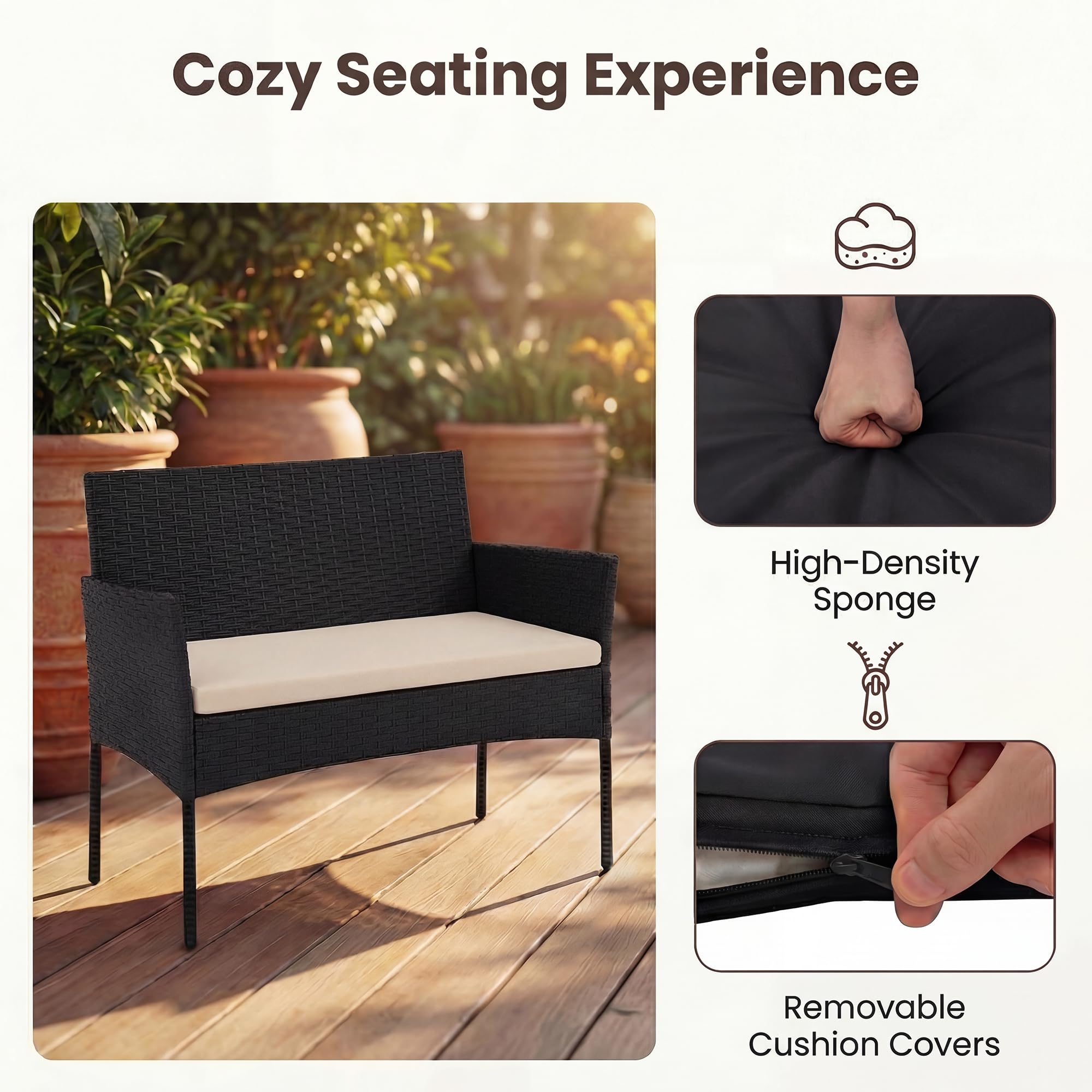GIANTEX Juego de Muebles de Jardín de 4 Piezas, Conjunto de Conversación de Ratán PE Exterior con 2 Sillones, Sofá de 2 Plazas, Mesa de Vidrio Templado y Cojines, para Terraza Patio Piscina (Beige)