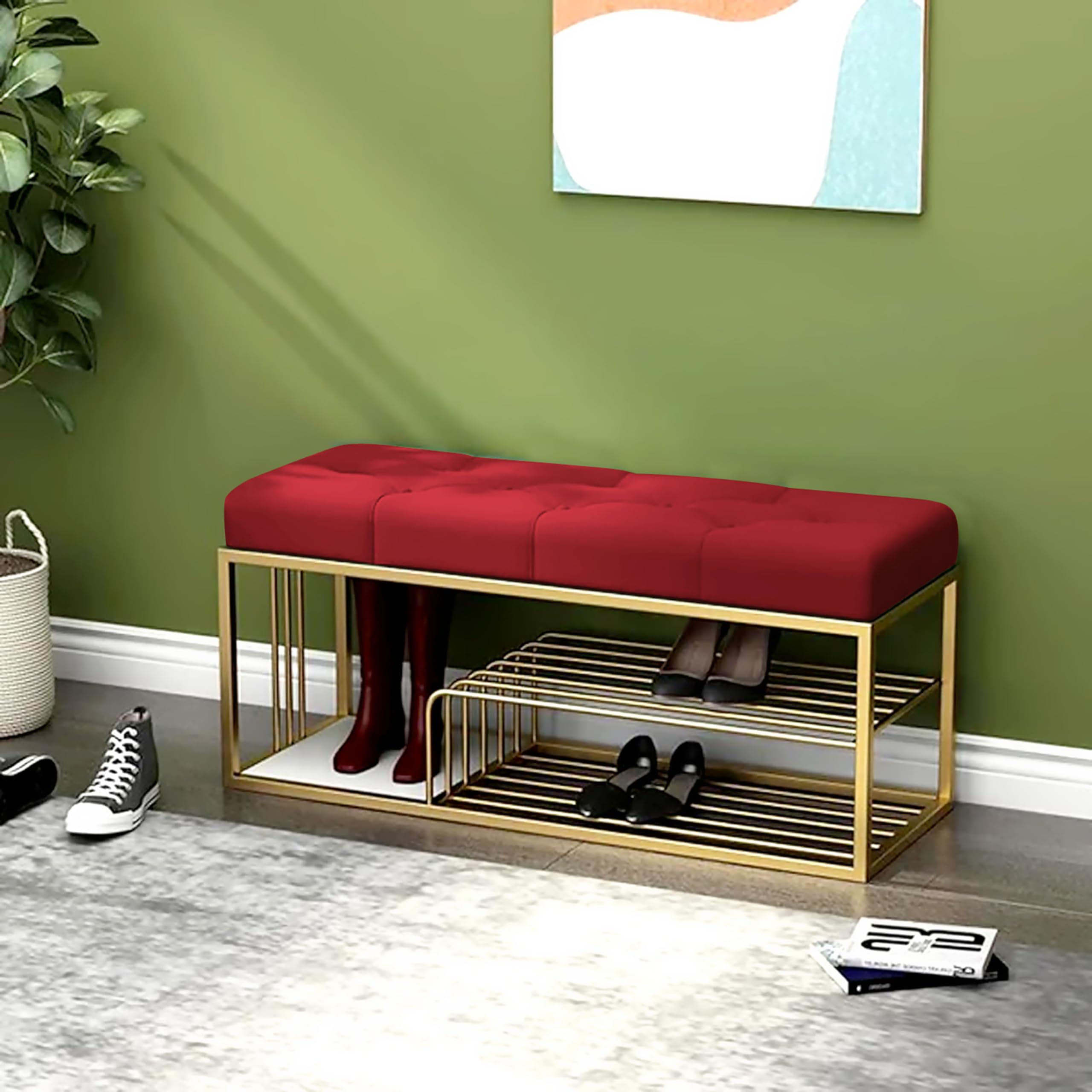 Dence Store Metal End of Bed Bench-Upholstered Entry Shoe Storage with Nailhead Trim,Black Mental Frame Ottoman Bench for Bedroom Entry Window Mudroom Living Room (Maroon)