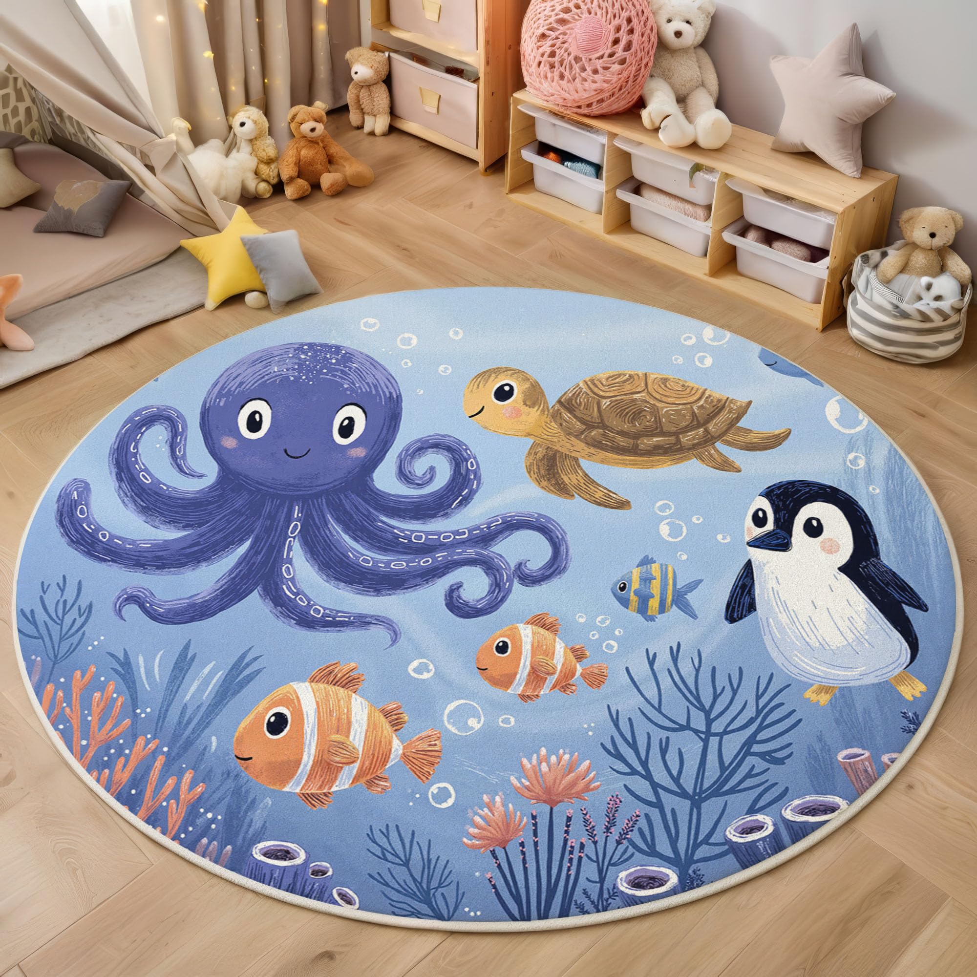 Tapis de zone ronde style dessin animé poisson tortue bleu 100cm