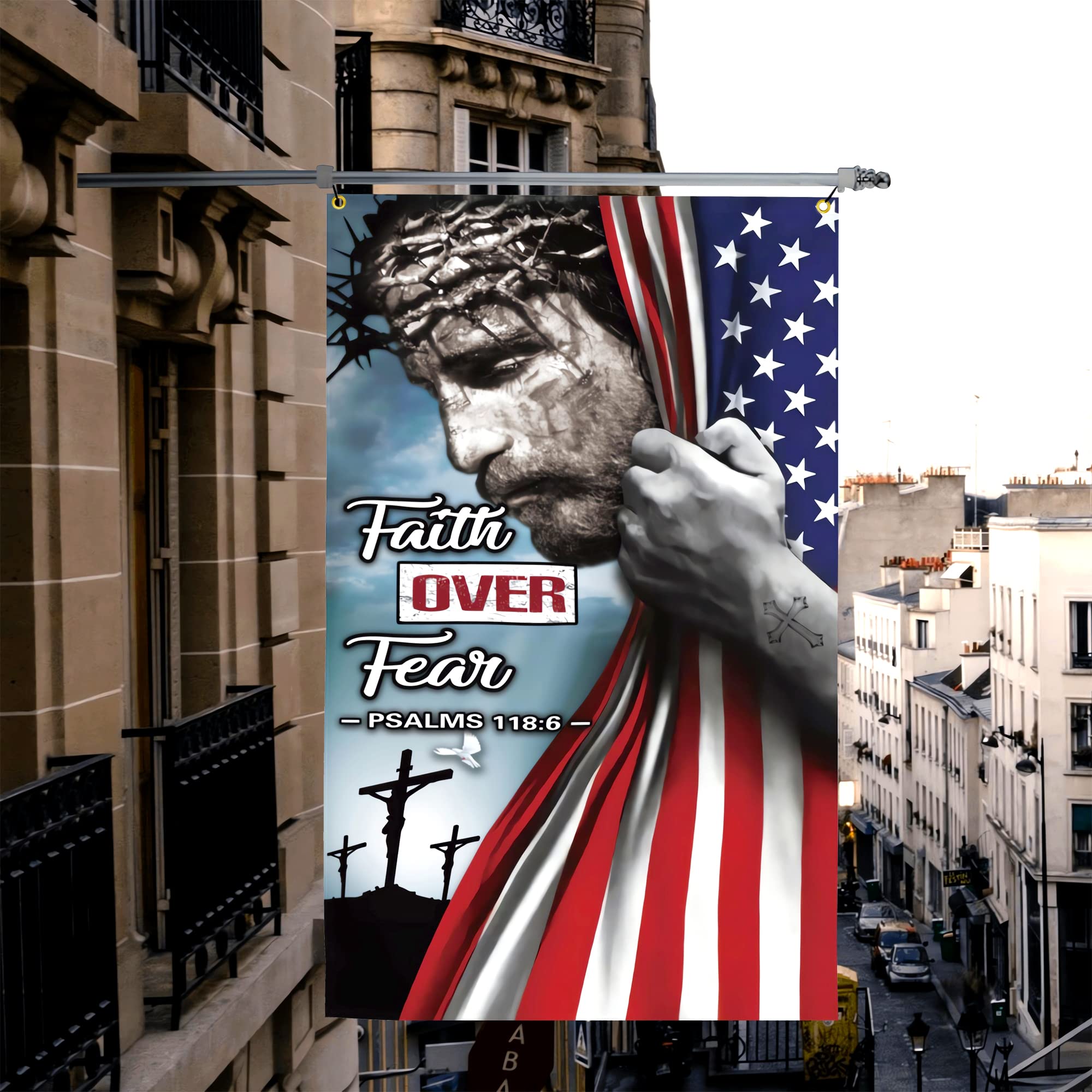 Flagge „Faith Over Fear“ Mit Jesus & US-Flagge – 90 X 150 Cm, Doppelseitig, Wetterfest, Mit Ösen