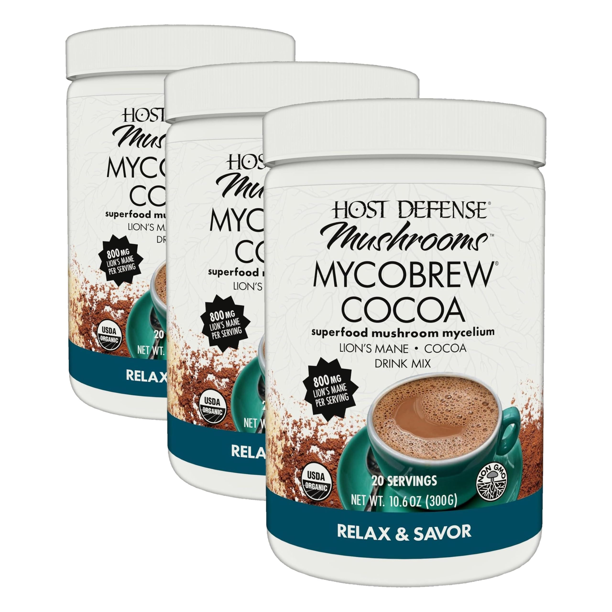 Host Defense MycoBrew Cocoa - Cocoa Drink Mix Includes Lion's Mane Mushroom Powder - Superfood Powder Drink Mix with Fair Trade Certified Chocolate - 10.6 oz (20 Servings) (Pack of 3) 10.6 Ounce (Pack of 3)