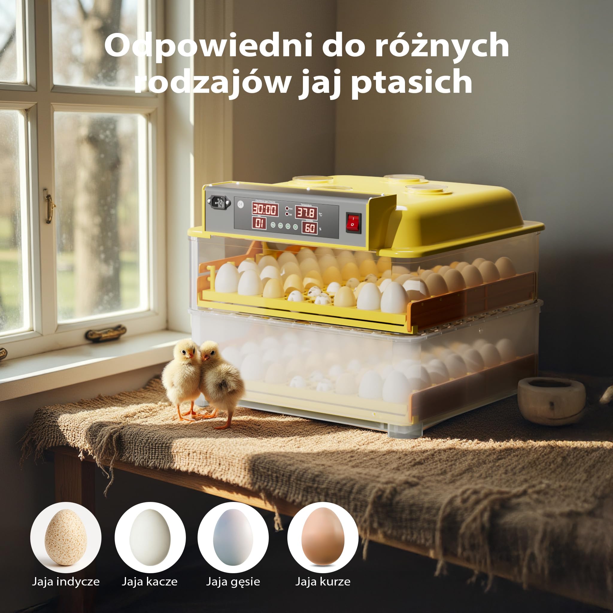 Wiltec automatyczny inkubator na 112 jaj, inkubator z w pełni automatycznym systemem obracania, inkubator z kontrolą temperatury i regulacją wilgotności, inkubator do jaj wylęgowych