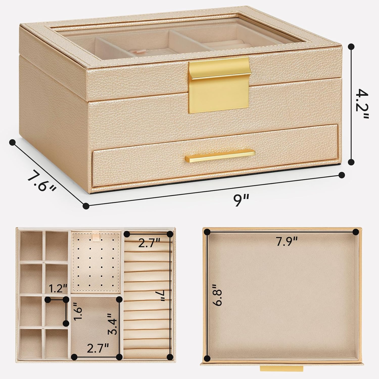 AKOZLIN 2-Tier Jewelry Box with Clear Glass Lid Functional Leather Jewelry Storage Organizer Case 1 Drawers for Women Girls Necklace Ring Bracelet Earring Champagne - Image 3