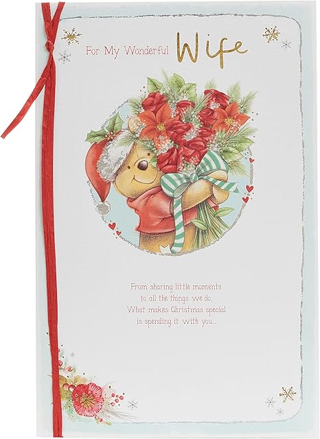 UK Greetings Winnie the Pooh Wife Christmas Card with Envelope - Cute Design Bear and Bouquet, Multi