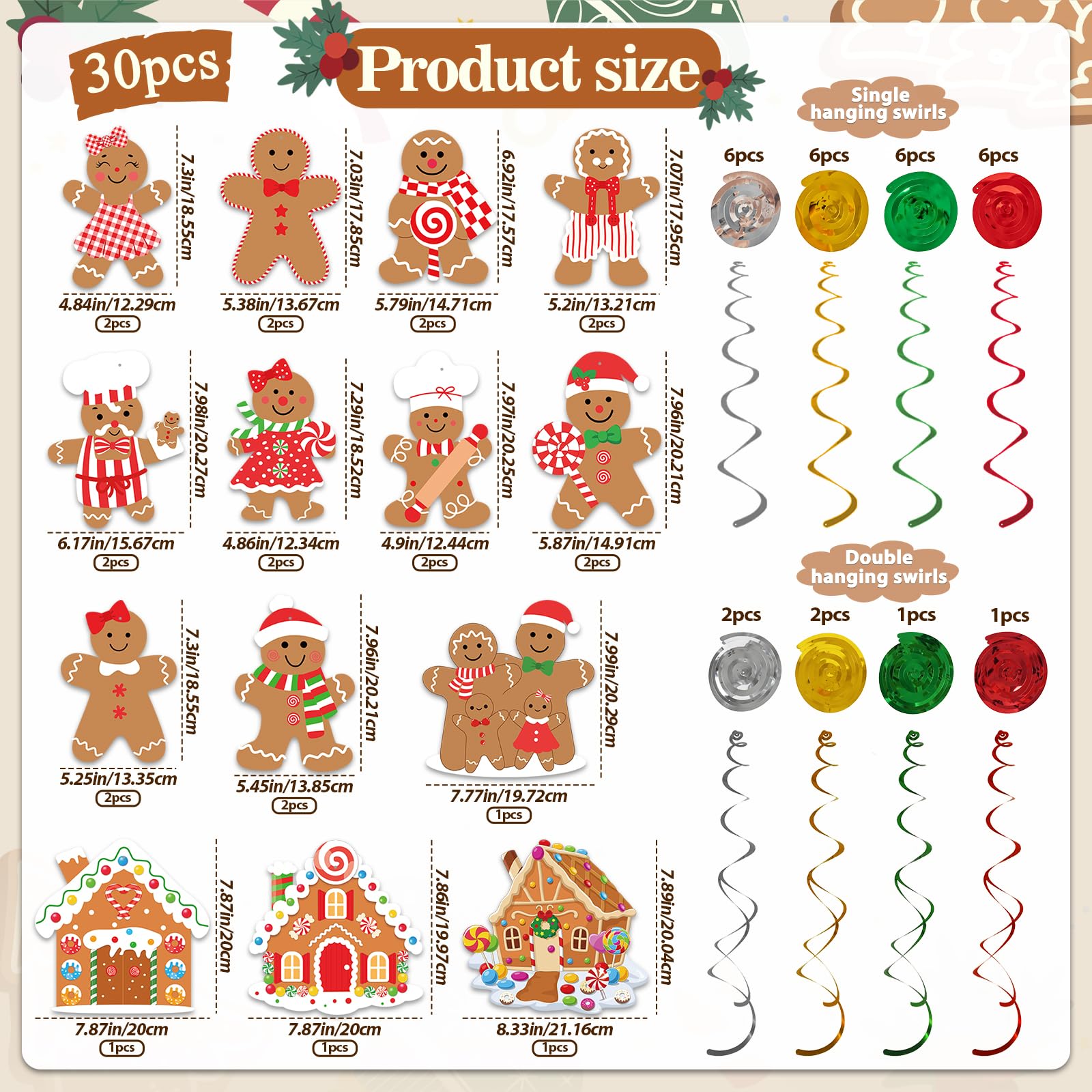 30 piezas de decoración de remolinos colgantes de Navidad, Feliz Navidad, hombre de jengibre, serpentinas colgantes para invierno, país de las maravillas, Navidad, Año Nuevo, vacaciones, fiesta de