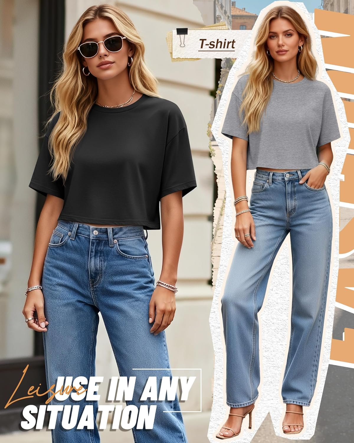 Ficerd 3 Pack Women Crop Tops Half Sleeve Cropped T Shirts Casual Crew Neck Drop Shoulder Loose Summer Solid Color - Image 5