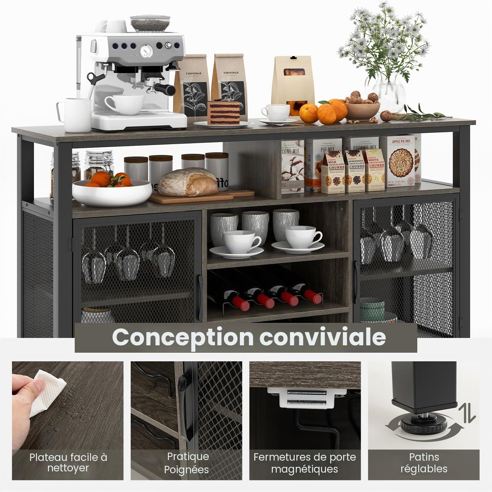 KOMFOTTEU Buffet Salle a Manger Multifonctionnel, Gris + Noir