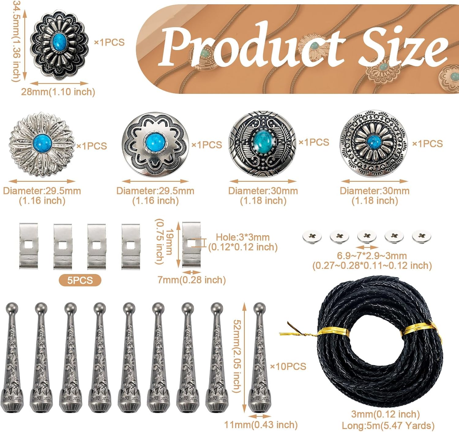 Pandahall 20Pcs Bolo Tie Slider Clasp Kit Alloy Turquoise Buttons Leather Necktie Bolo Tie Tips Replacement End Caps Bolo Tie Slide Clasp for Bracelet Jewelry Making DIY Craft Wallet Bag