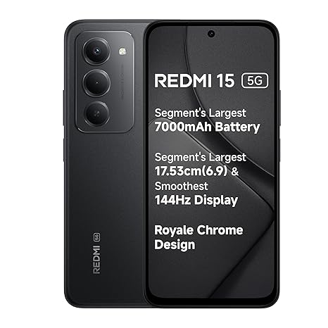 Redmi 15 5G Midnight Black 8GB + 256GB | Segment's Largest 7000mAhA Battery | Segment's Largest Display 17.53cm(6.9) Up to 144Hz | Snapdragon 6s Gen 3 | 18W Reverse Charging | 50MP AI Dual Camera