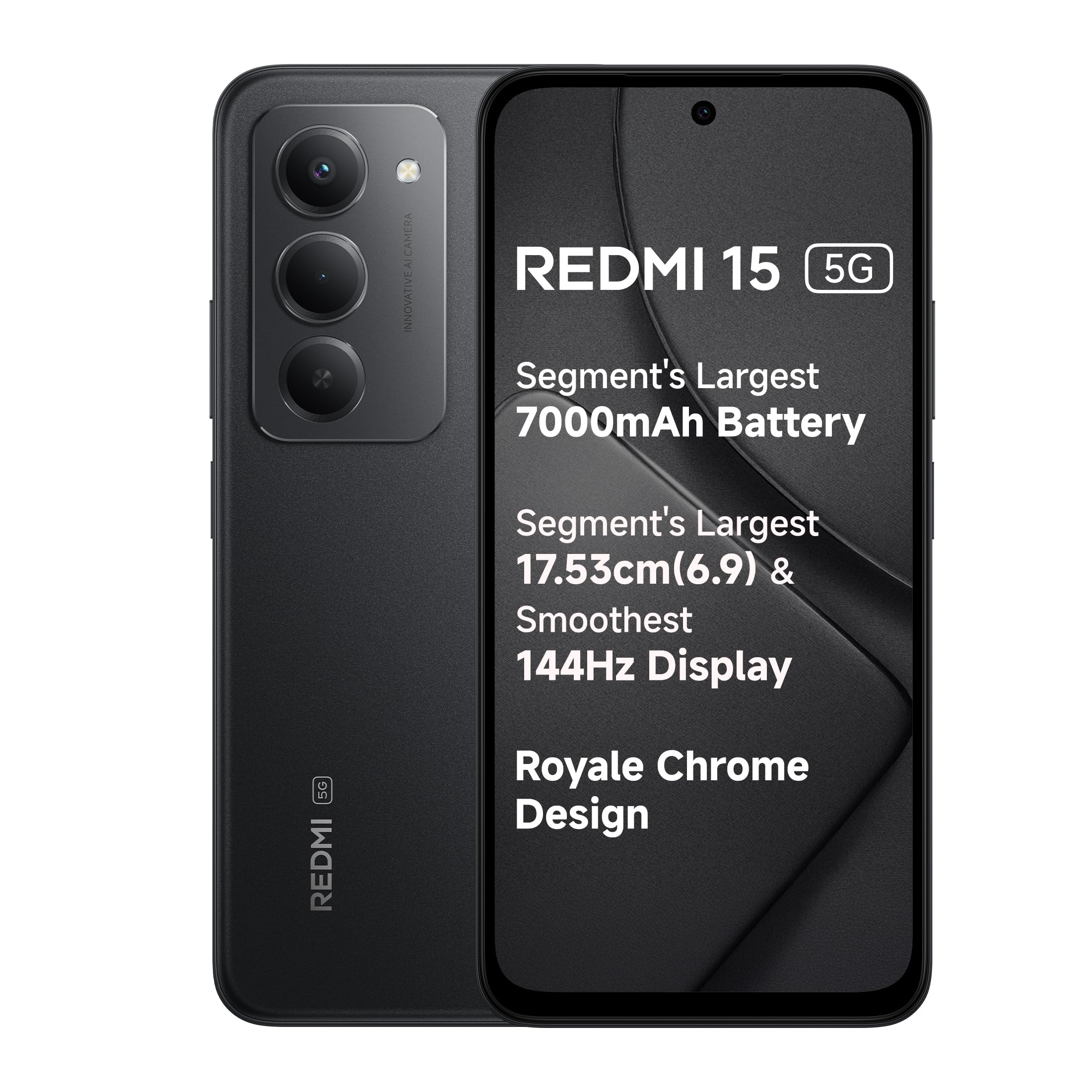 Redmi 15 5G Midnight Black 8GB + 256GB | Segment's Largest 7000mAhA Battery | Largest Display 17.53cm(6.9) 144Hz | Snapdragon 6s Gen 3 | 18W Reverse Charging | 50MP AI Dual Camera | Indian Version