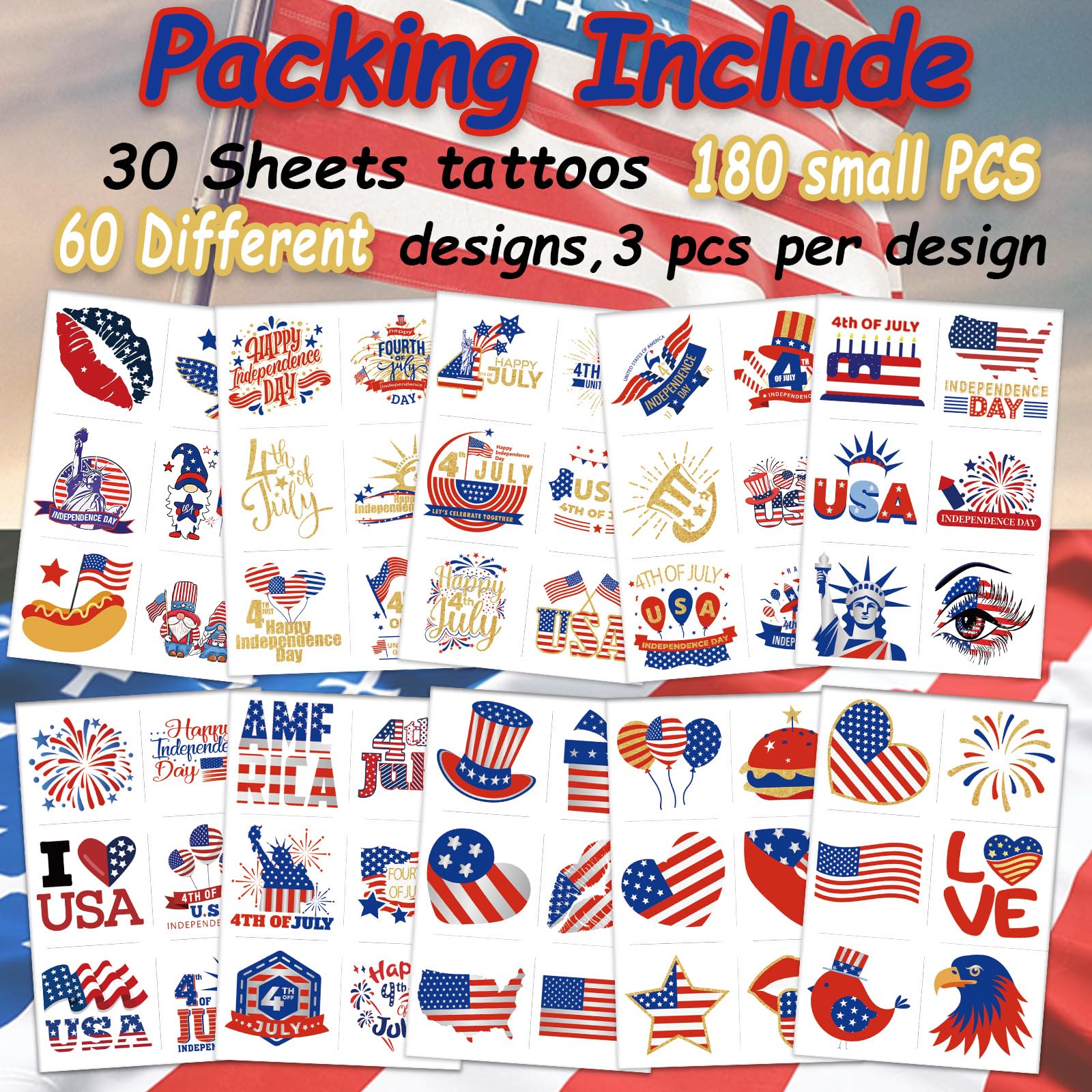 Lot de 180 tatouages temporaires du 4 juillet pour enfants – Drapeau américain patriotique rouge, blanc et bleu pour l'indépendance/commémoration/la fête du travail, accessoires de fête