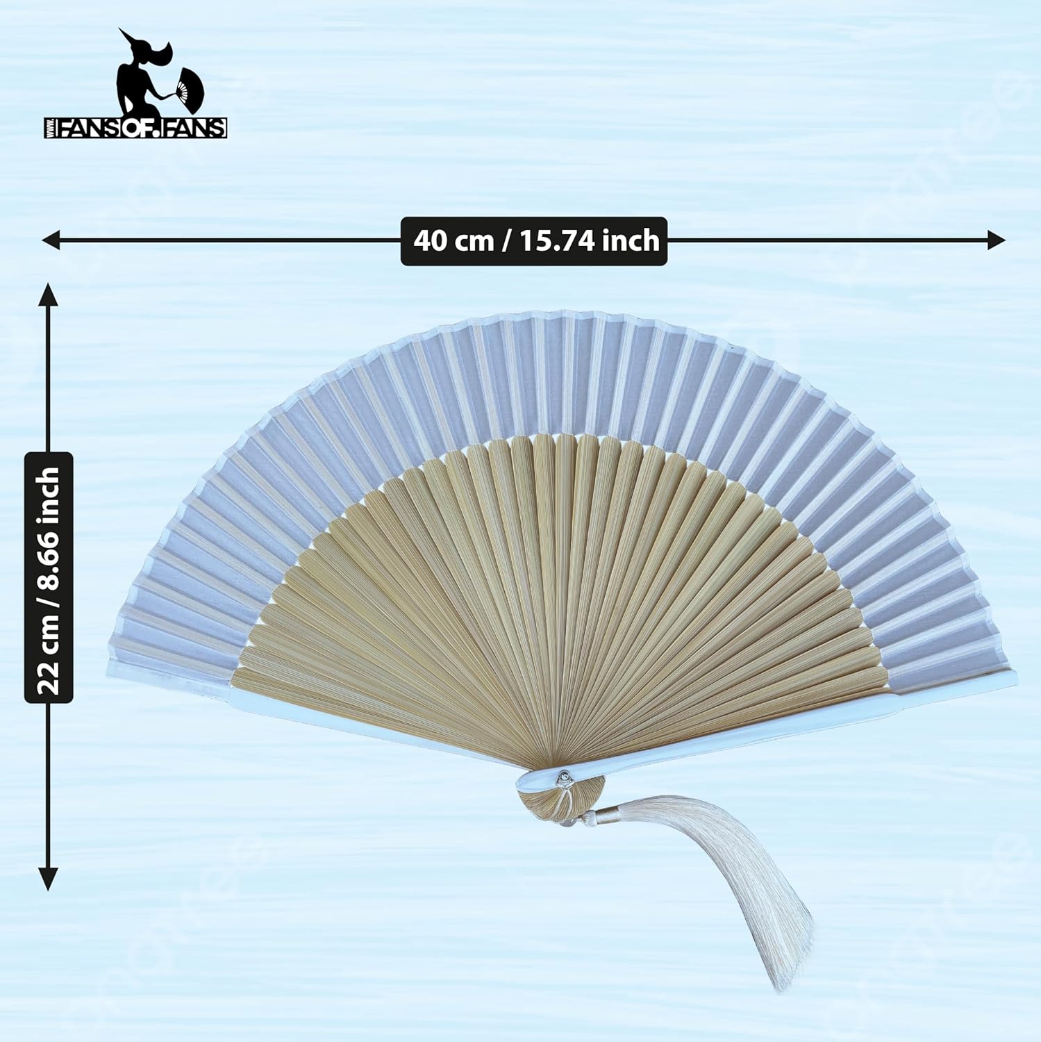 FANSOF.FANS Premium Floral Silk Fabric Border Handheld Folding Fan with Grade A Bamboo Ribs for Women Girls Event Birthday Wedding Favour with Tassel (Simple Border - White)