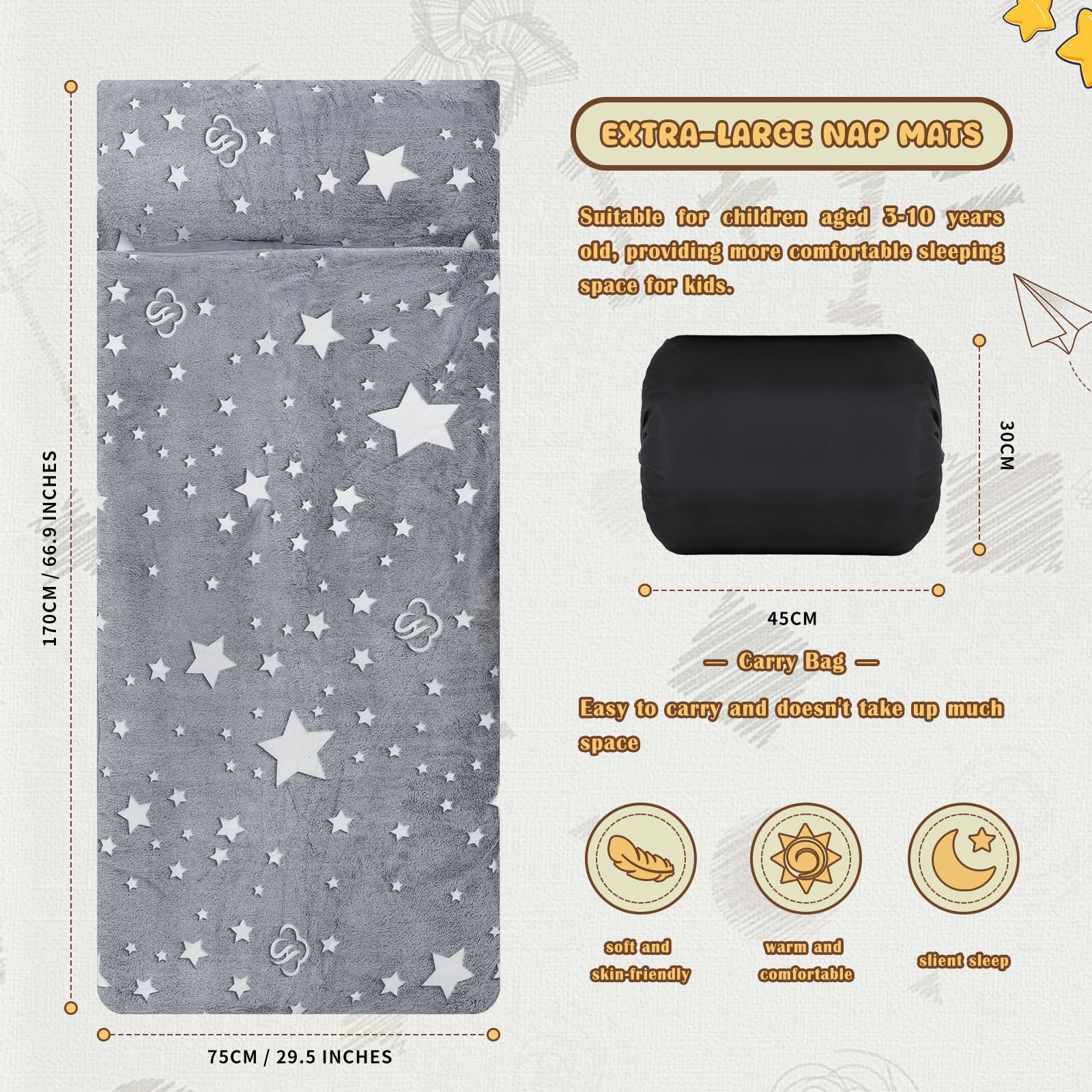 Kids Sleeping Bag with Pillow,Glow in The Dark Nap Mat for Toddlers Boys Girls,Large & Comfy Plush Slumber Bag for Sleepovers Camping Travel,Star Grey - Image 4