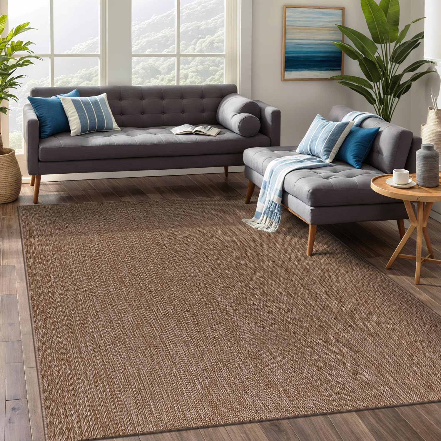 Beverly Rug Indoor Outdoor Rug 8x10, Washable Outside Carpet for Patio, Deck, Porch, Solid Modern Area Rug, Water Resistant, Jute Beige