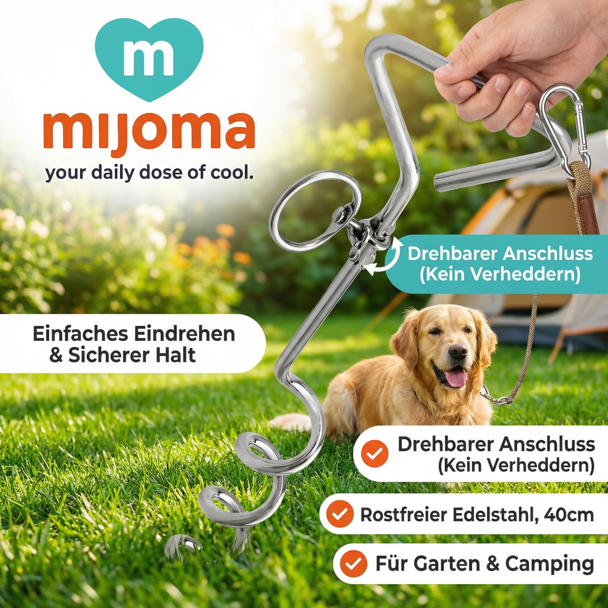 MIJOMA Spirale d'insertion pour chien - Ancrage rotatif avec mousqueton - Acier inoxydable - Ancrage au sol - Jardin Camping