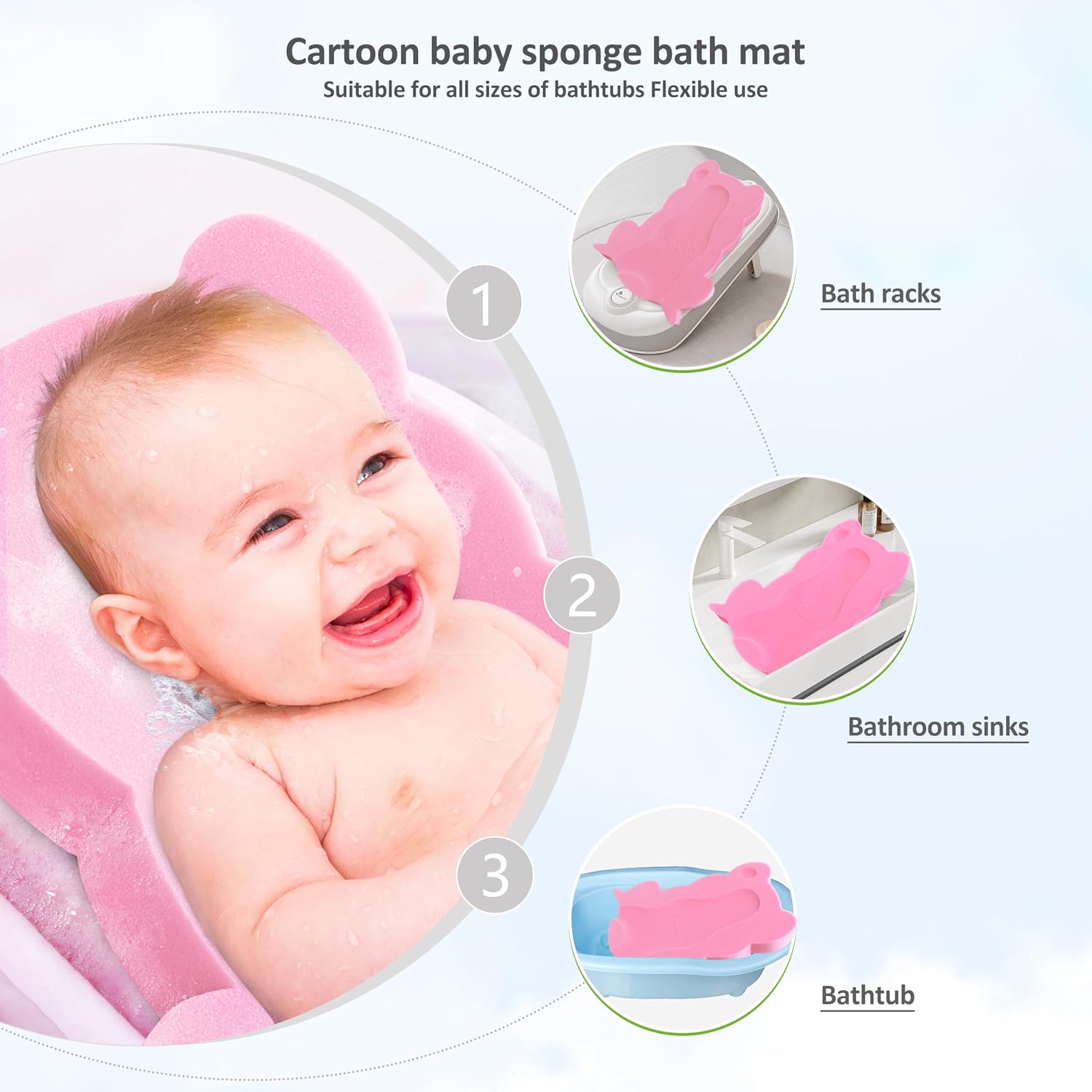 Baby Bath Sponge, Infant Comfy Soft Bath Sponges Mat, Natural Cute Shapes Skid-Proof Bathing Cushion for Toddler & Newborn, 4pcs Shape Style: Blue Dolphin, Pink Shell, Green Turtle and Big Pink Frog image 2