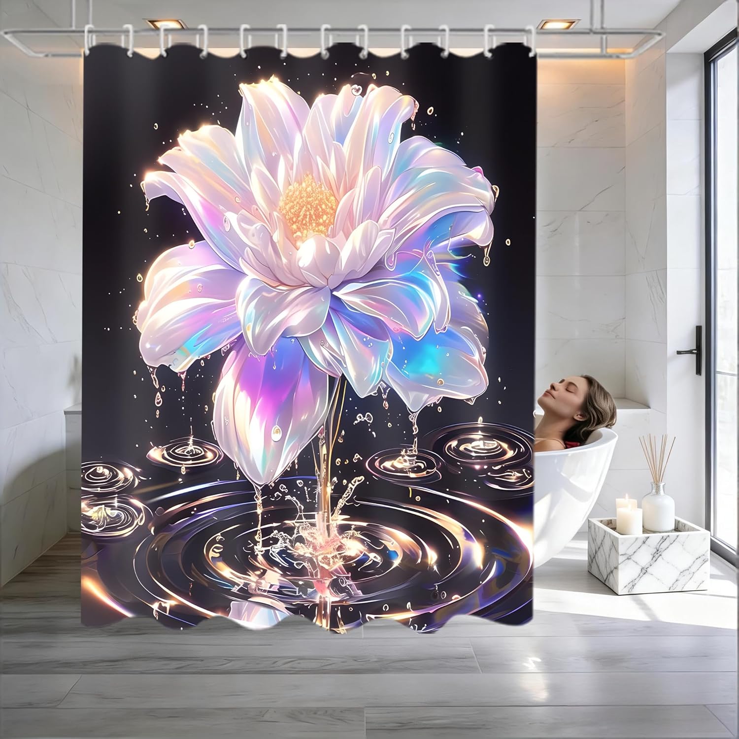 4 Piece Lotus Shower Curtain Set with Rugs, Luxury Iridescent Effect Flower & Crystal Water Ripple Bathroom Decor, Waterproof Fabric Curtain, Non-Slip Bath Mat & Toilet Lid Cover