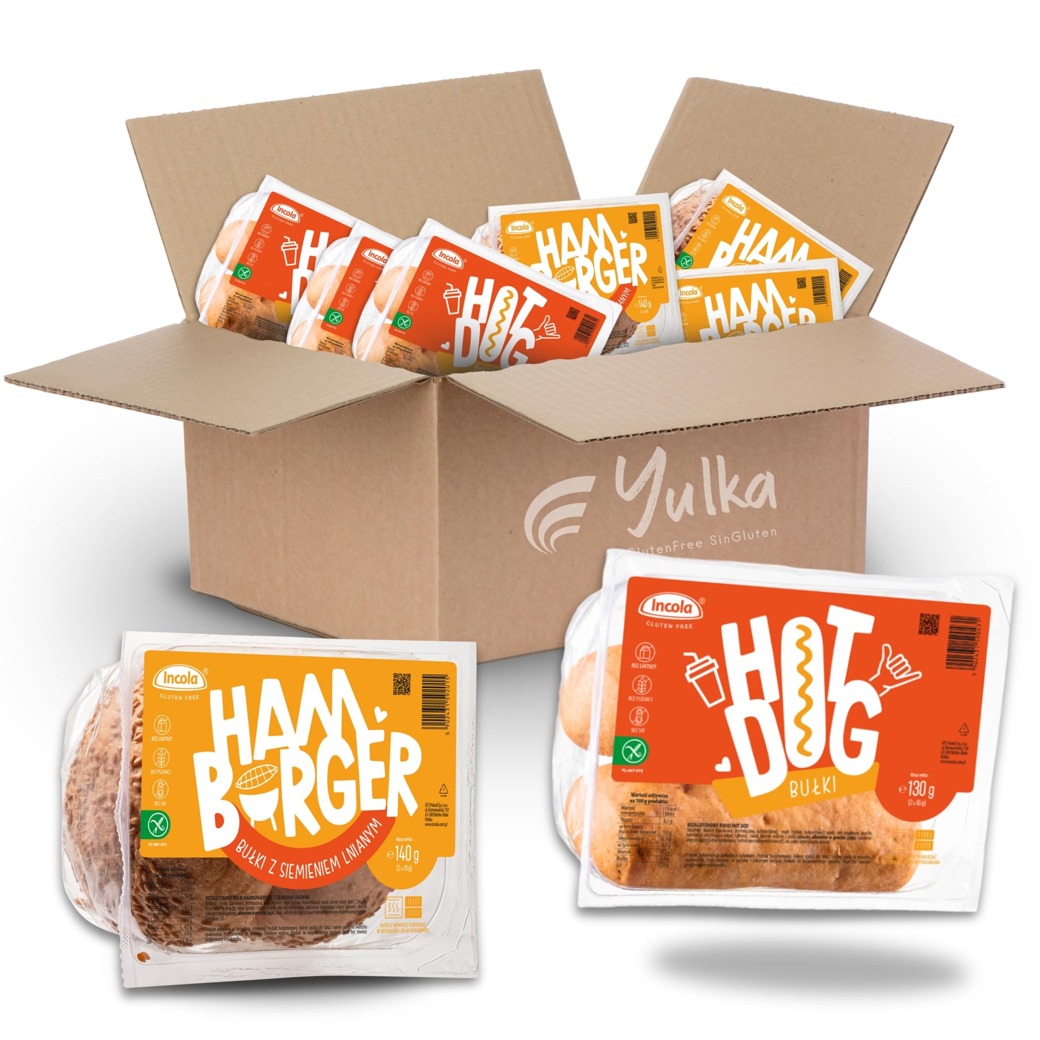 YULKA Glutenfrei | BOX Hot-Dog & Hamburger Brötchen 6erPack | Glutenfreie Brötchen und Backwaren | Laktosenfrei Weizenmehlfrei (Vorteilspack 3x HotDog (130g: 2x65g) 3x Hamburger (140g: 2x70g))