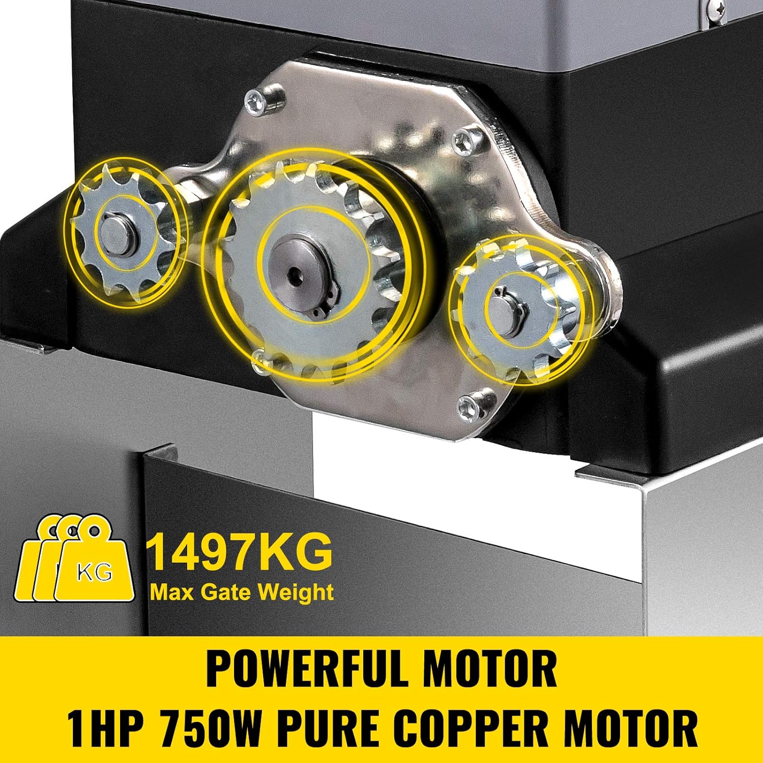 Close-up of the VEVOR gate opener's powerful 1HP 750W pure copper motor, indicating a maximum gate weight of 1497kg.