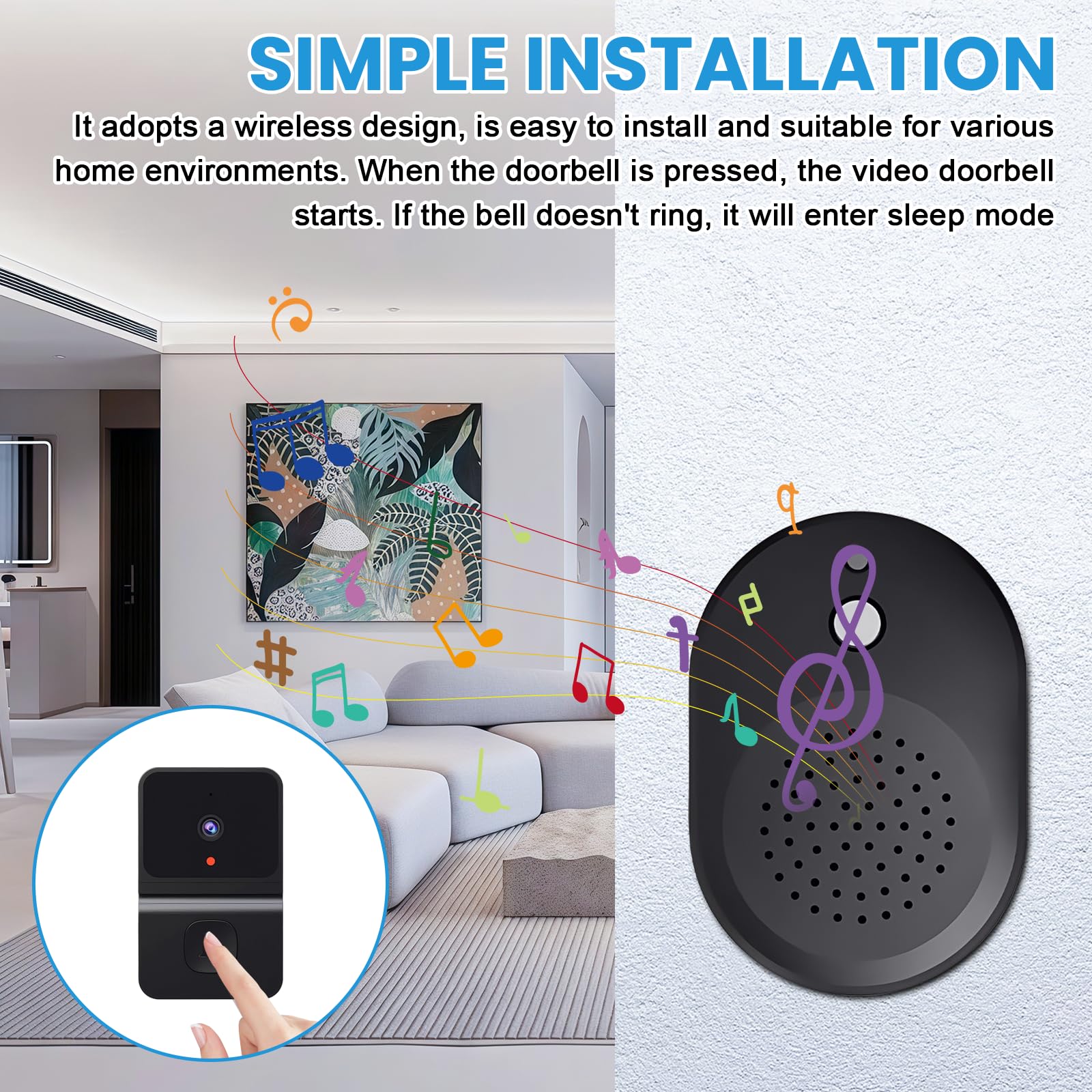 Sporgo Videoportero inalámbrico: Videoportero WLAN 1080P con cámara inalámbrica, WiFi 2,4 G, videoportero de seguridad con visión nocturna por infrarrojos HD/audio de dos vías/campana/soporta SD y