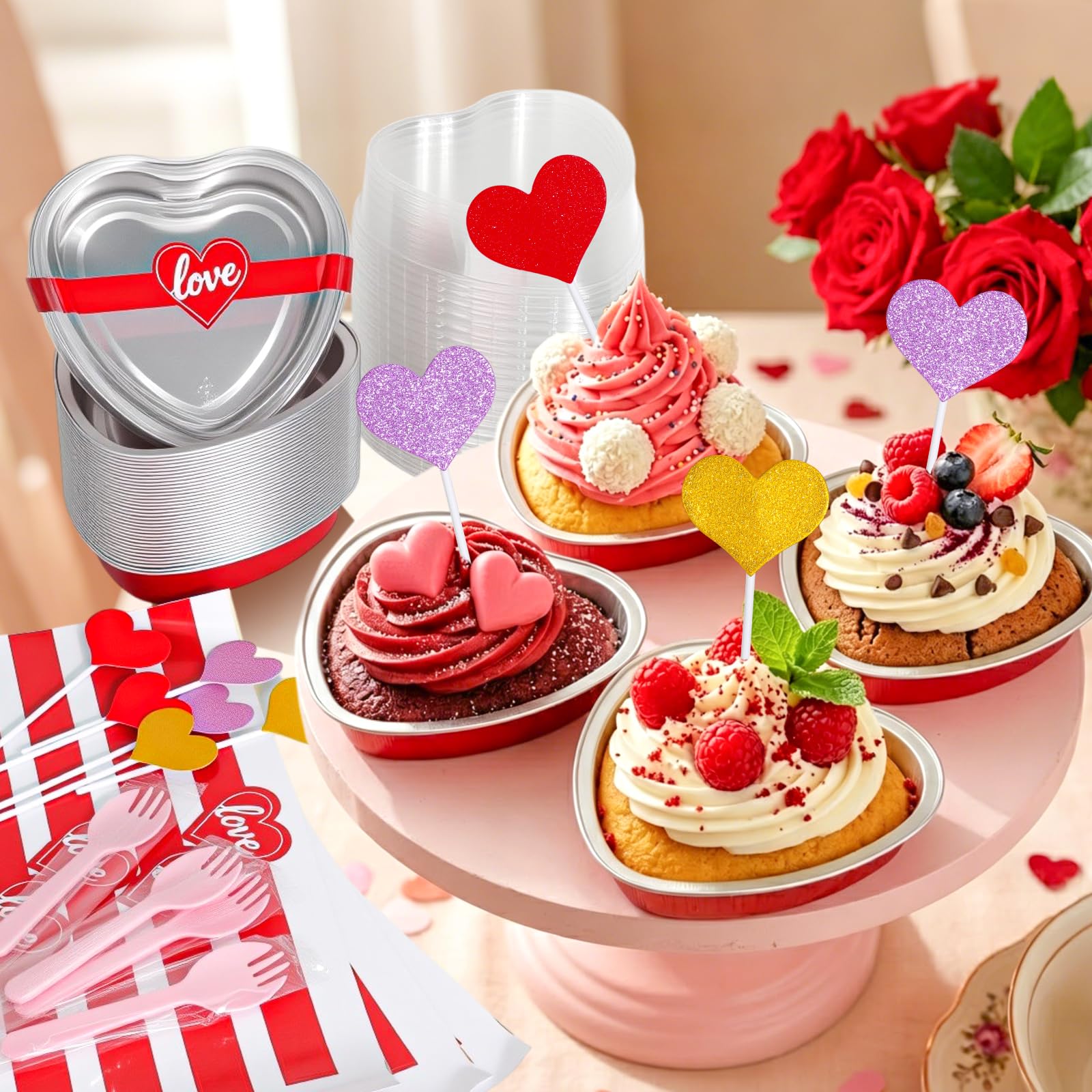 Lot de 25 mini moules à gâteau jetables en aluminium en forme de cœur avec couvercles, moules à muffins, moules à muffins, cupcakes - Rouge