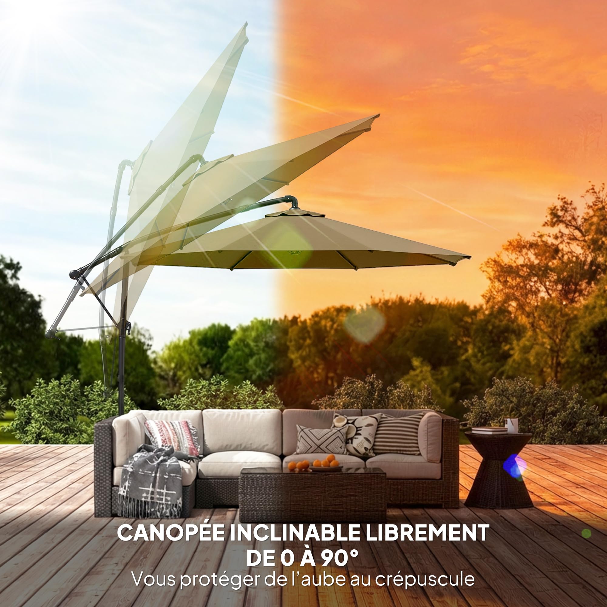 Outsunny Parasol Déporté Rond 3 m Inclinable, Housse de Protection, Kaki