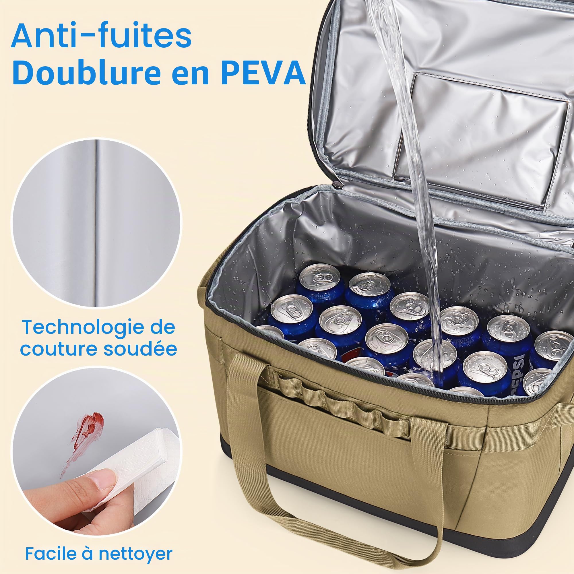Glacière Souple, Grand Sac Isotherme Imperméable Anti-Fuite, Portable avec Bandoulière Amovible, Garde au Frais/Chaud pour Pique-Nique, Camping, Plage, Voyage