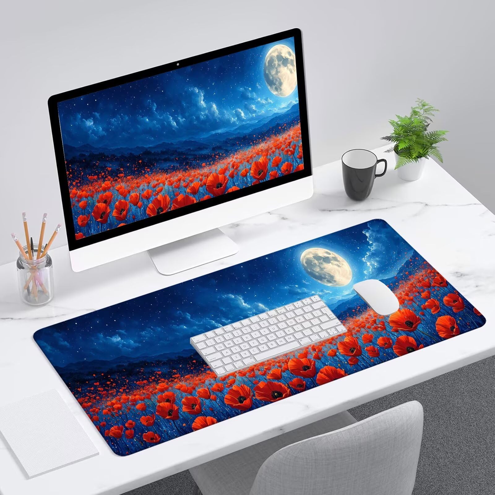 Blu Tappetino Mouse Gaming, Tappetino Mouse XXL 1200 x 500 mm, Tappetino Mouse Fiore, Mouse Pad con Base Antiscivolo, Bordi Cuciti Tappetino per Mouse, Tappetino Mouse Gaming di Alta Precisione S-445