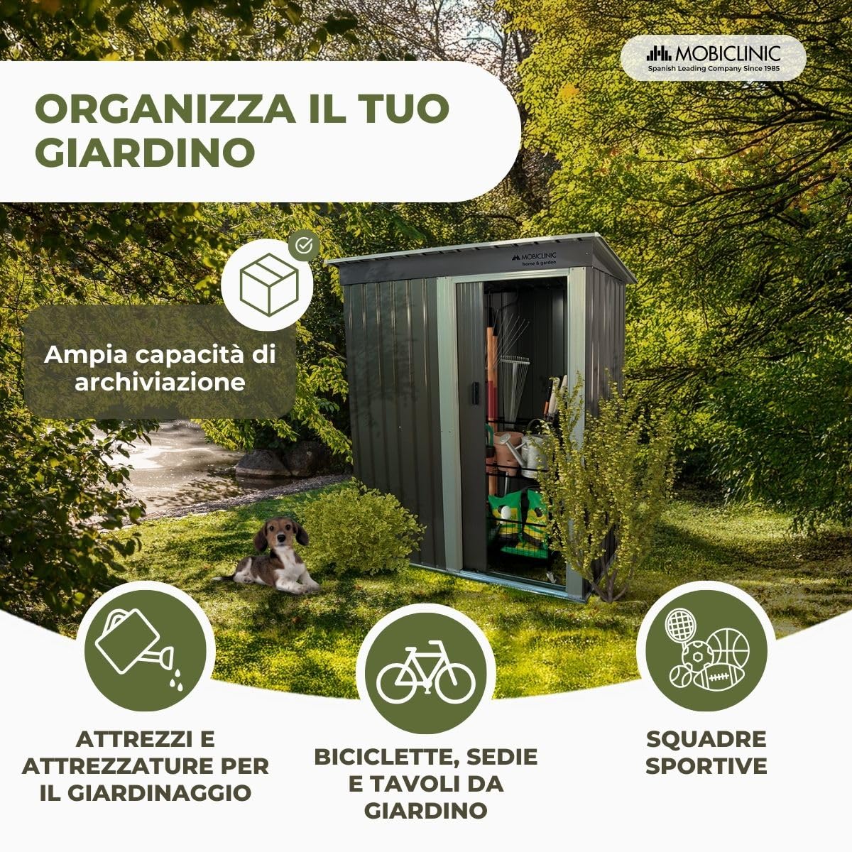 Mobiclinic®, Casetta da Giardino, Con Porta Scorrevole, 150 x 75 x 181 cm, Armadio da Esterno, Lucchettabile, Nomi, Tetto spiovente, 1.4 m², Custodia Sicura, Resistente, Grigio