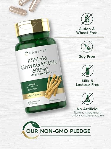 Miniatura 4 de Carlyle KSM-66 Ashwagandha Cápsulas 600mg  70 unidades  con melatonina 5mg  Complejo potente  Sin OMG, sin gluten