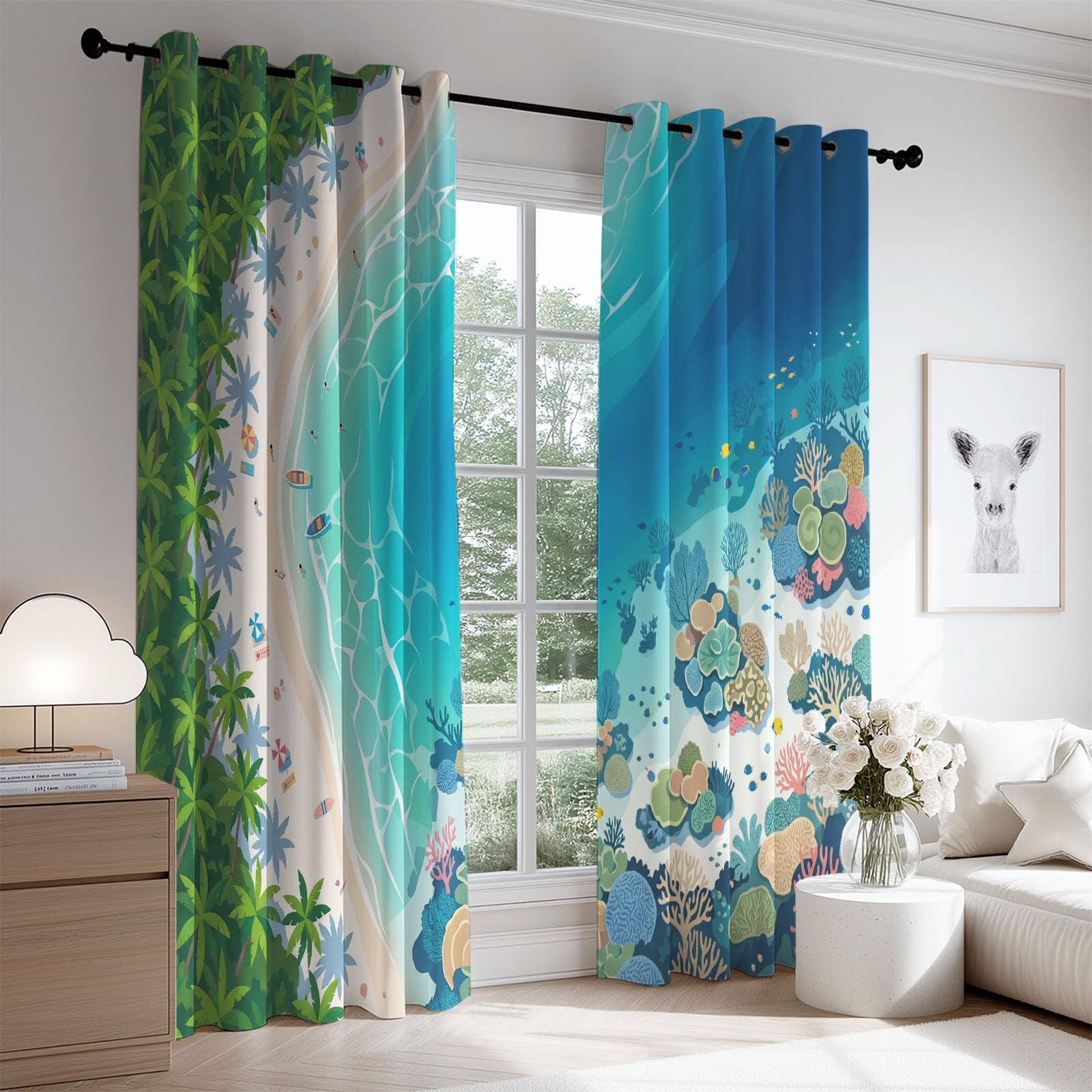 Générique Rideau Occultant Côtier Tropical 117 x 137 CM, Côte Paysage Rideaux et Draperies pour Enfants Filles Chambre Salon Rideaux de Fenêtre Thermiques Isolants