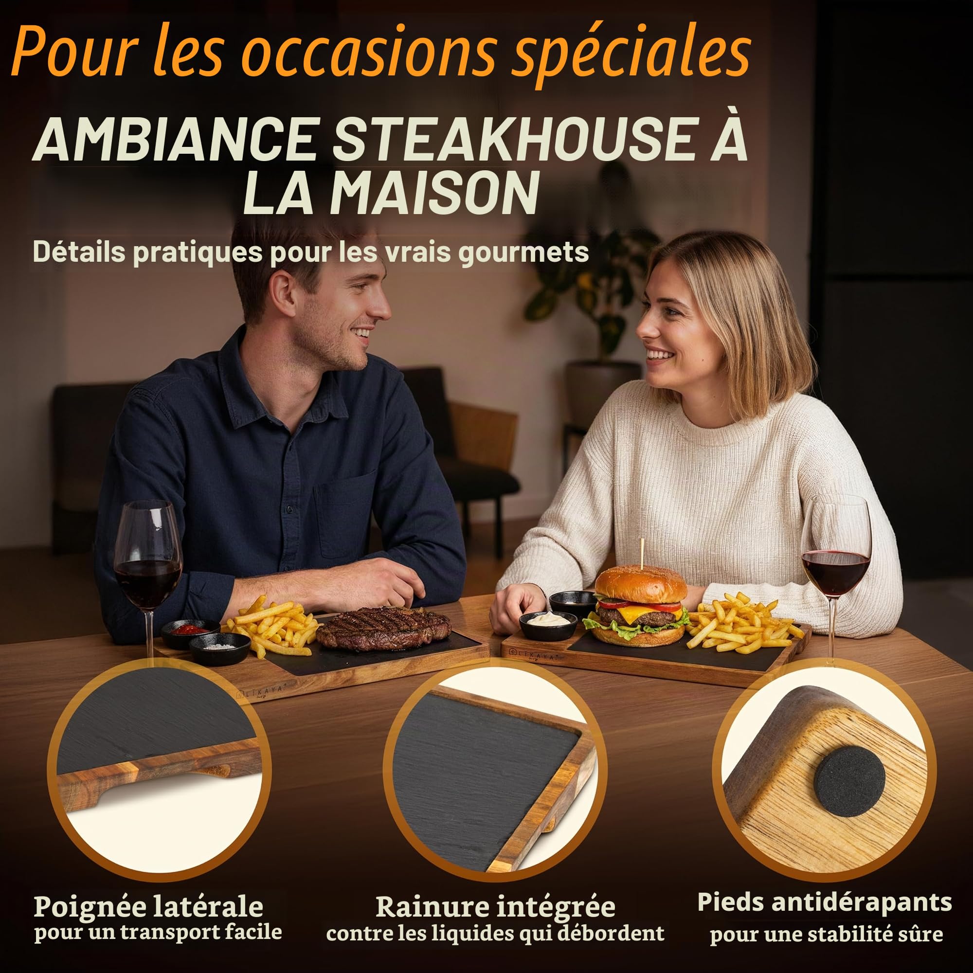 LIKAYA® Lot de 2 planches de service XXL « Domingo » en bois d'acacia FSC® avec plateau en ardoise et bols à sauce, planche à barbecue et accessoires pour steak, hamburgers