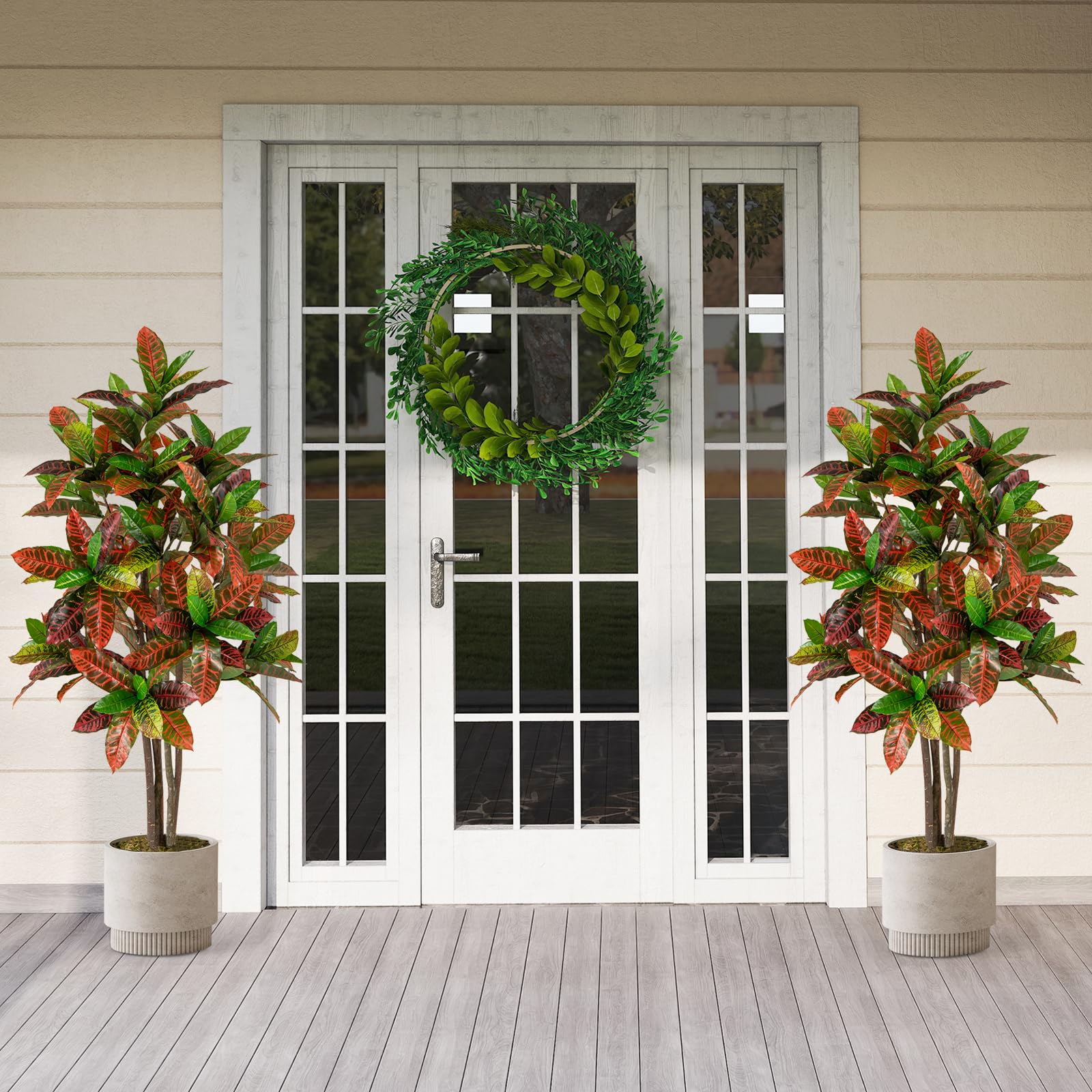 COSTWAY Pianta Finta di Croton 150 cm, Albero Artificiale da Interno ed Esterno, Pianta Tropicale in Vaso con Foglie Sfumate Finte, Ideale per Casa e Ufficio