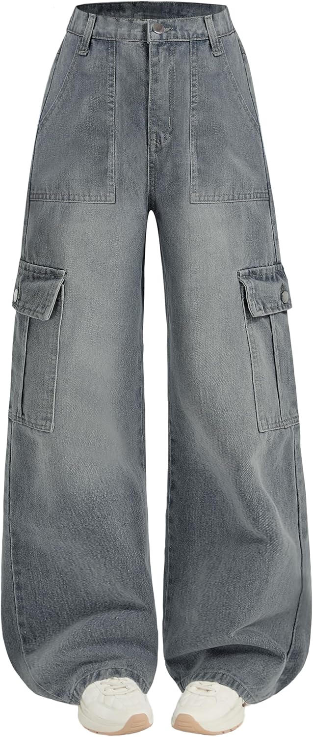EXARUS Girls Jeans Cargo Wide Leg Baggy Denim Straight Loose Pants Tween Elastic High Waistband Pockets Youth Clothes