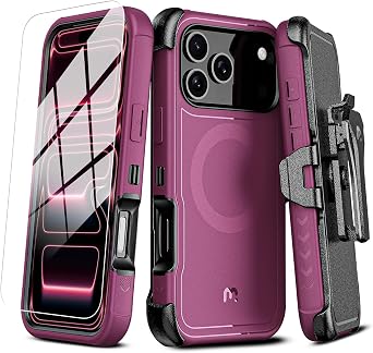 M MYBAT PRO for iPhone 17 Pro Case with Belt Clip Holster,[Compatible with Magsafe] w/Screen Protector,Anti-Drop,Shockproof,w 360Rotating Kickstand,Heavy Duty Protection Plum
