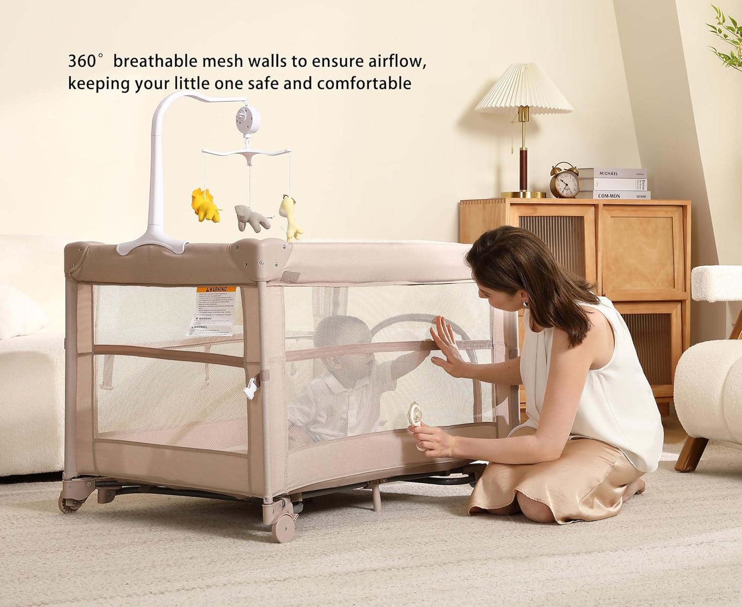 Pack and Play, 5 in 1 Baby Playard – Portable Crib, Bassinet, Bedside Sleeper, Changing Table & Playpen | Breathable Mesh | Safe & Foldable for Newborns to Toddlers (Beige) - Image 7