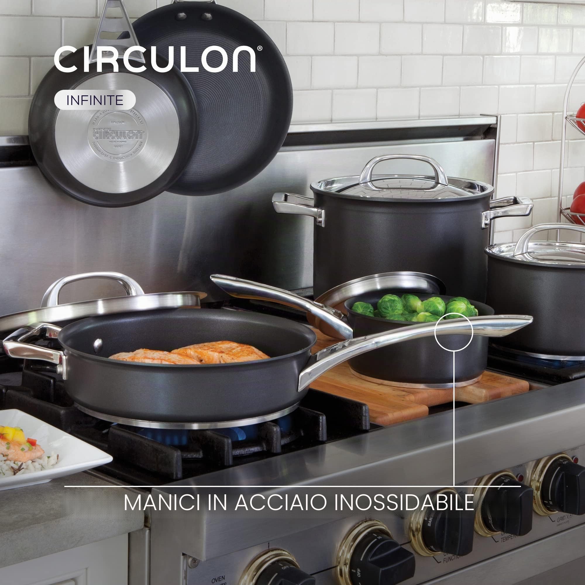 Circulon Infinite - Wok antiaderente a induzione con coperchio in acciaio inossidabile, 36 cm