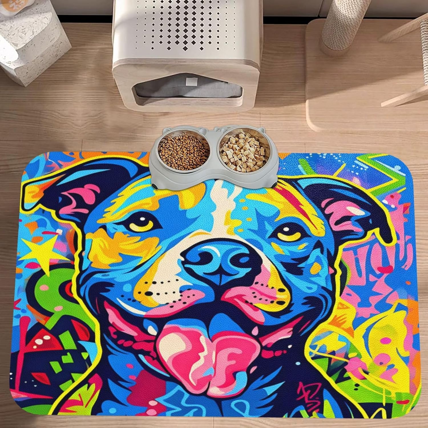 Colorful Pitbull Dog Dog Food Mat, Leather Pet Feeding Mat, Cat Mat for Food, Absorbent Pet Placemat for Indoor Outdoor Water Bowl 40x60cm