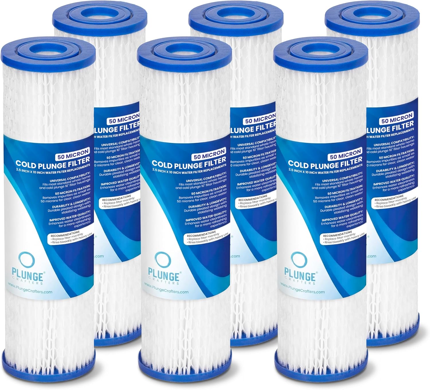 Cold Plunge Water Filter Cartridges, 50 Micron Sediment Filters for Ice Bath & Cold Plunge Tubs, Universal 10” x 2.5” Replacements, Under Sink & Whole House Systems, 6-Pack