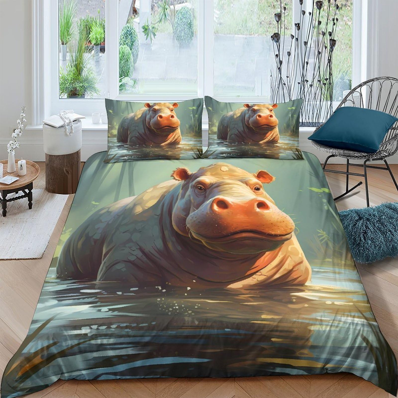 GPLZQXKJNH 3D Printed Hippo Water Scene Duvet Cover Microfiber Soft Breathable Animal Bedding Set with 2 Pillowcases for Bedroom Single（135x200cm）