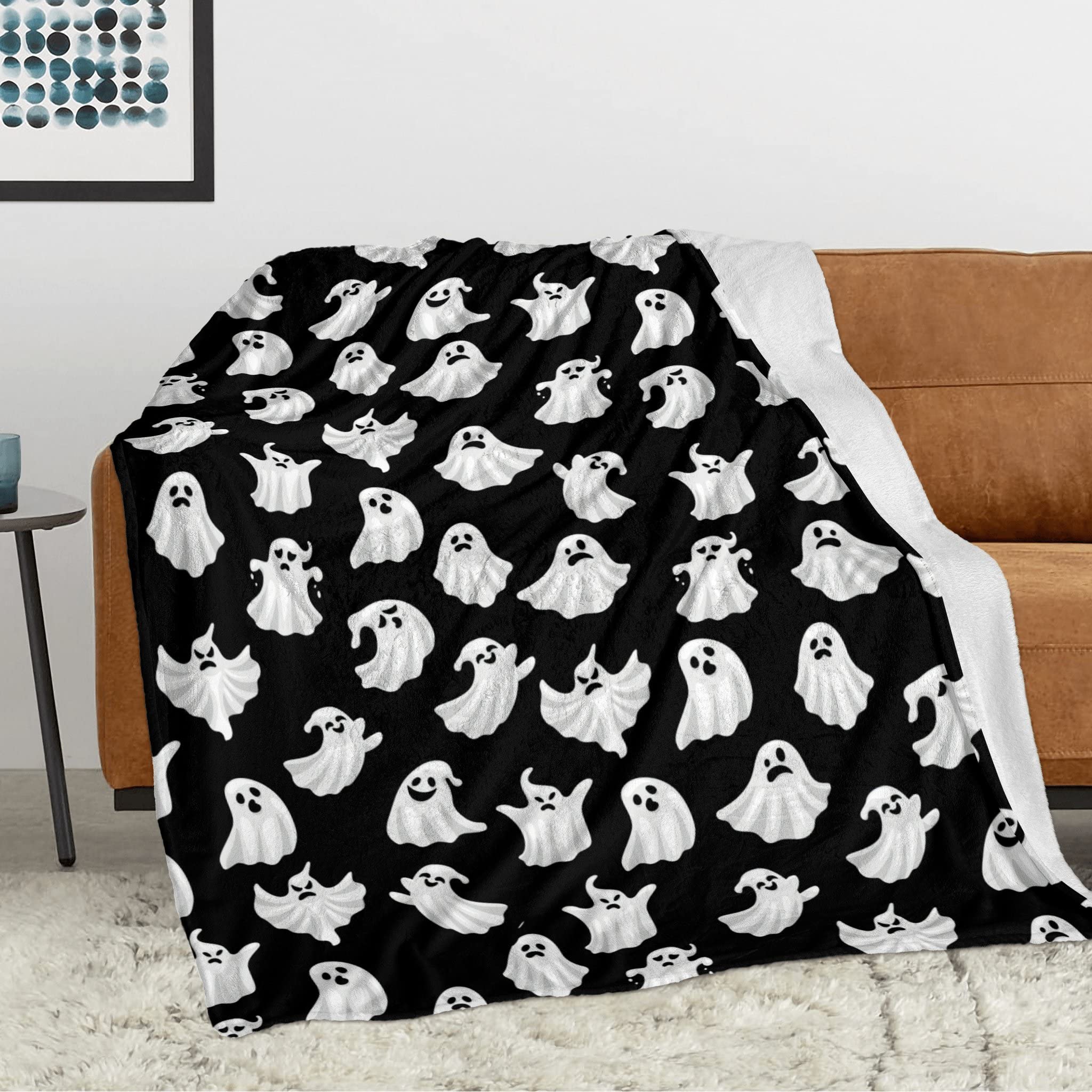 Abaysto Halloween Throw Blankets Cute Ghost Halloween Spooky Black White Fleece Flannel Blanket for Bedroom Living Rooms Couch Sofa Bed Halloween Decorations 100x130cm - Image 4
