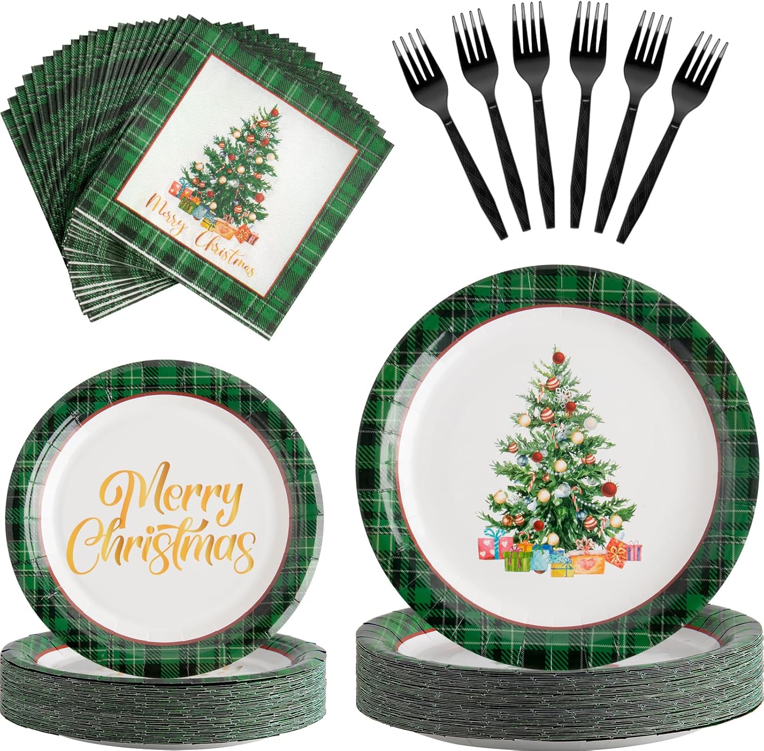 100 Pieces Christmas Plates Napkins Christmas Tree Gingham