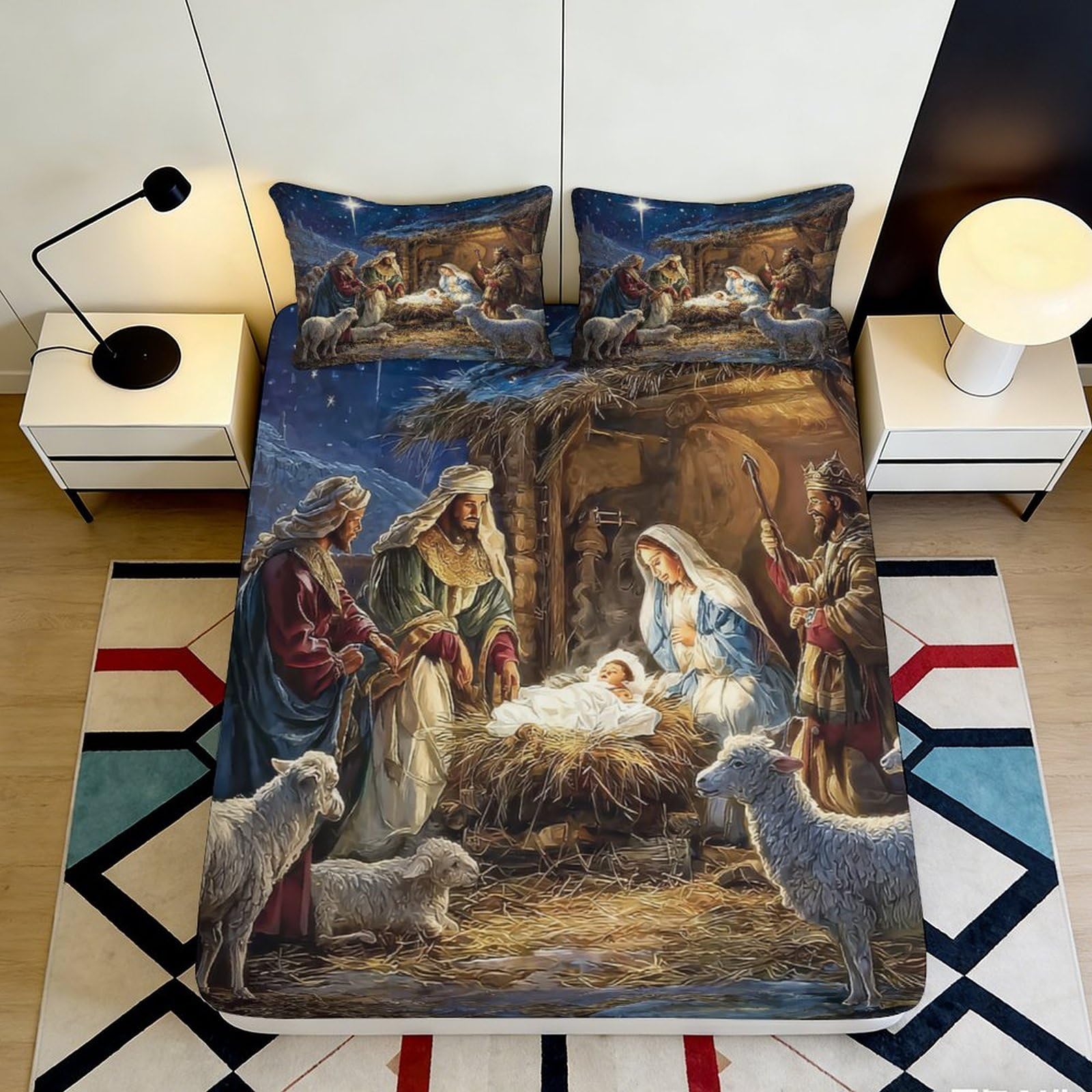 Uynsixtme Style-7 3D Printed Nativity Fitted Sheet Microfiber Bedroom Bedding Set Deep Pocket Non-Slip Full Wrap Nativity Mattress Fitted Cover For Adults 200X200x25cm