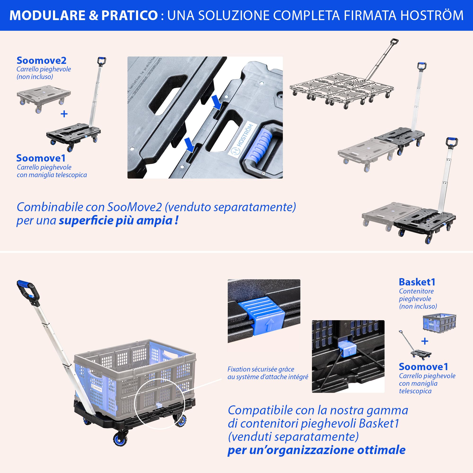 HOSTRÖM Carrello con ruote, Carrello portaoggetti pieghevole, demenagement, trasporto materiale, maniglia telescopica, carico max. 137 kg, garanzia 5 anni.