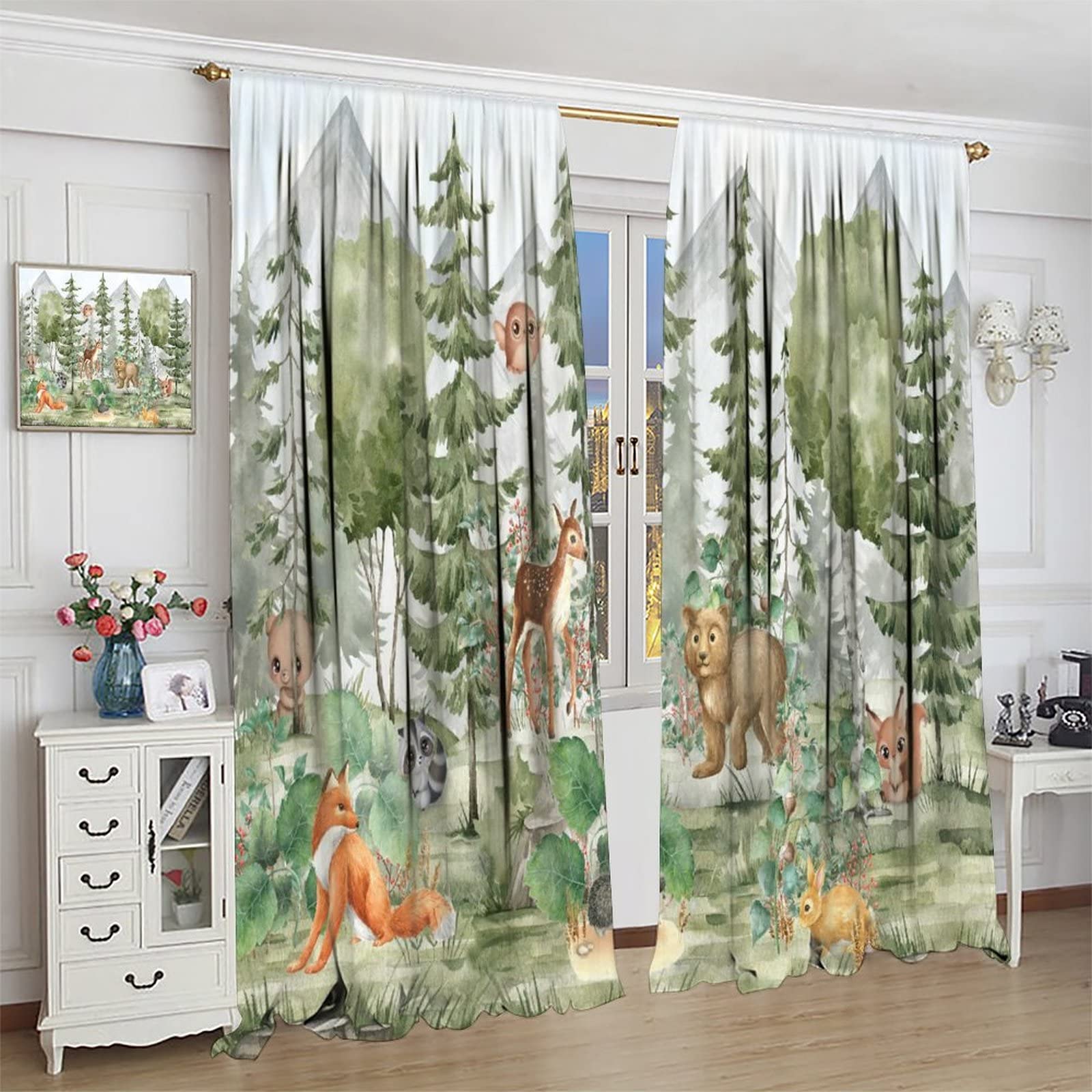 Woodland Nursery YCness Kid Forest Woodland Animal Fox Elk Bear Watercolor  Print Curtains For Nursery Bedroom Living Room, Rustic Wild Animal Window Drapes  2 Panel Set, 63x72 Inch Rustic Cabin Curtains, image size:1600x1600