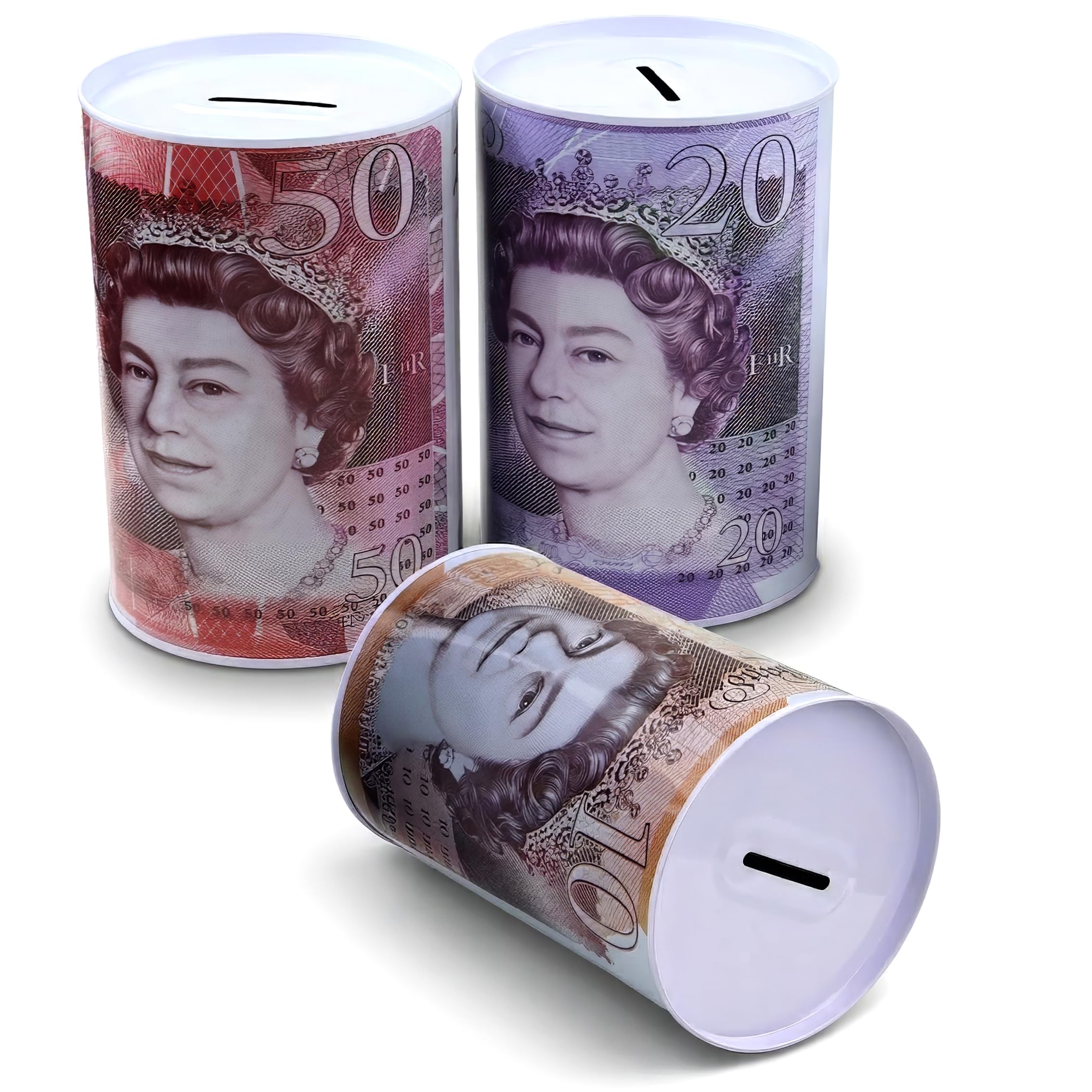 Money Box Set of 3 – Metal Money Saving Tins You Can’t Open | Piggy Bank for Adults & Kids | Coin Cash Saving Box | £10 £20 £50 UK Banknote Design