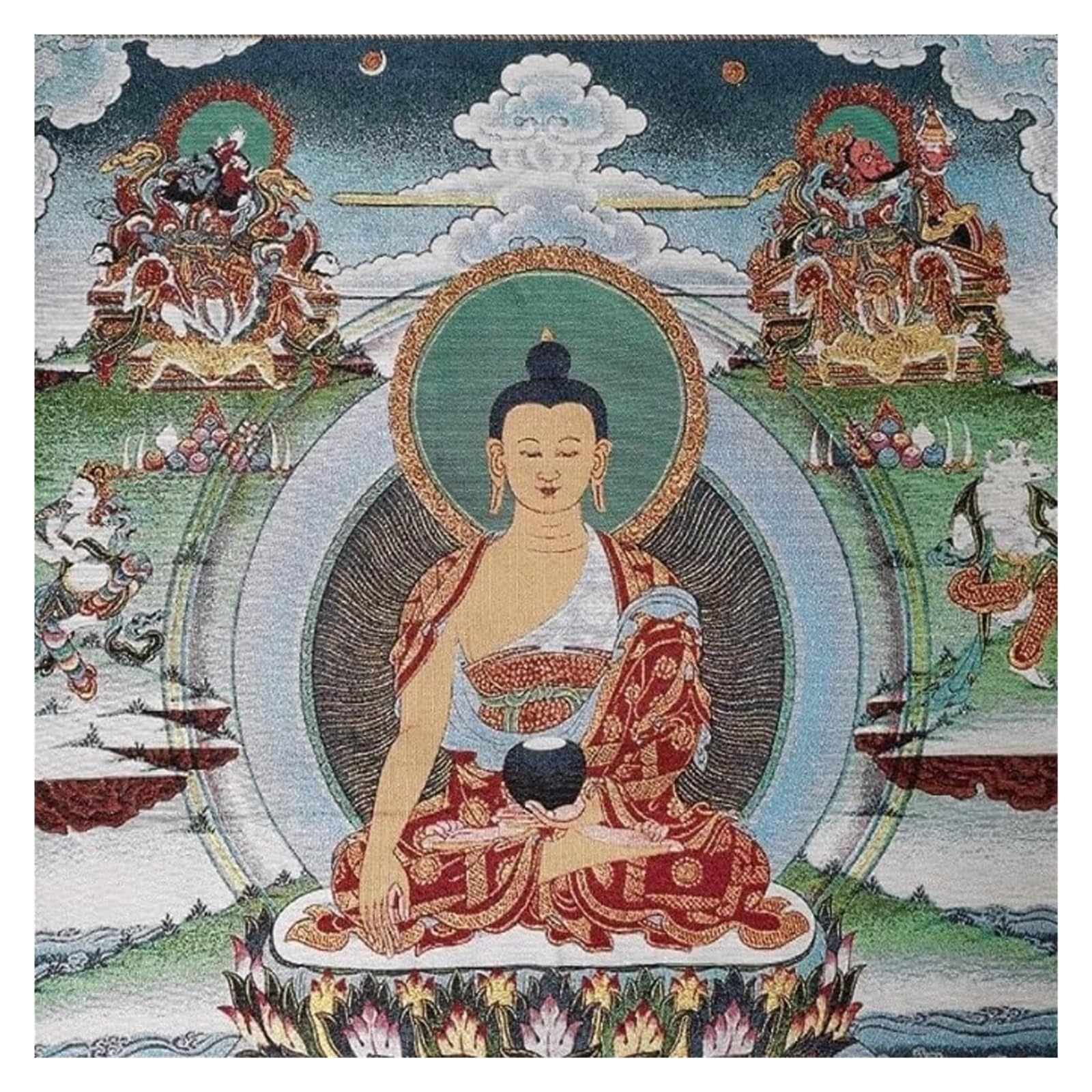 PZOFERLIN Ricamo tibetano Thangka Ricamo in seta tibetano Thangka Sakyamuni Buddha 4 protettori del Dharma Arazzo 60x90 cm