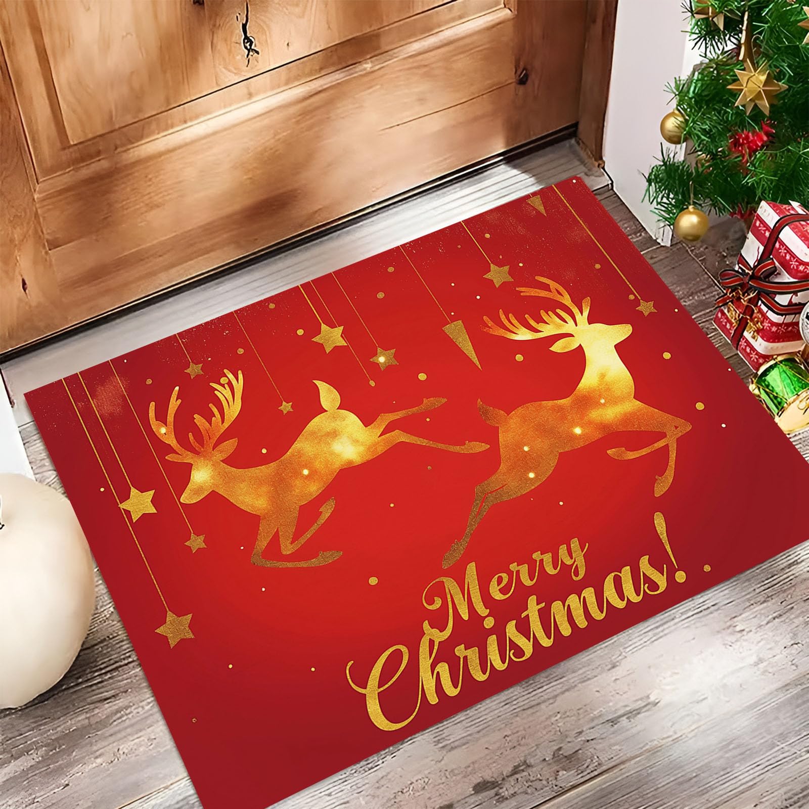 Felpudo de Interior 80x120cm, Diseño de Vuela Reno, Lavable Antideslizante, Alfombrilla Feliz Navidad Plegable de Pelo Corto para Entrada, Alfombra Fácil de Limpiar, Rojo