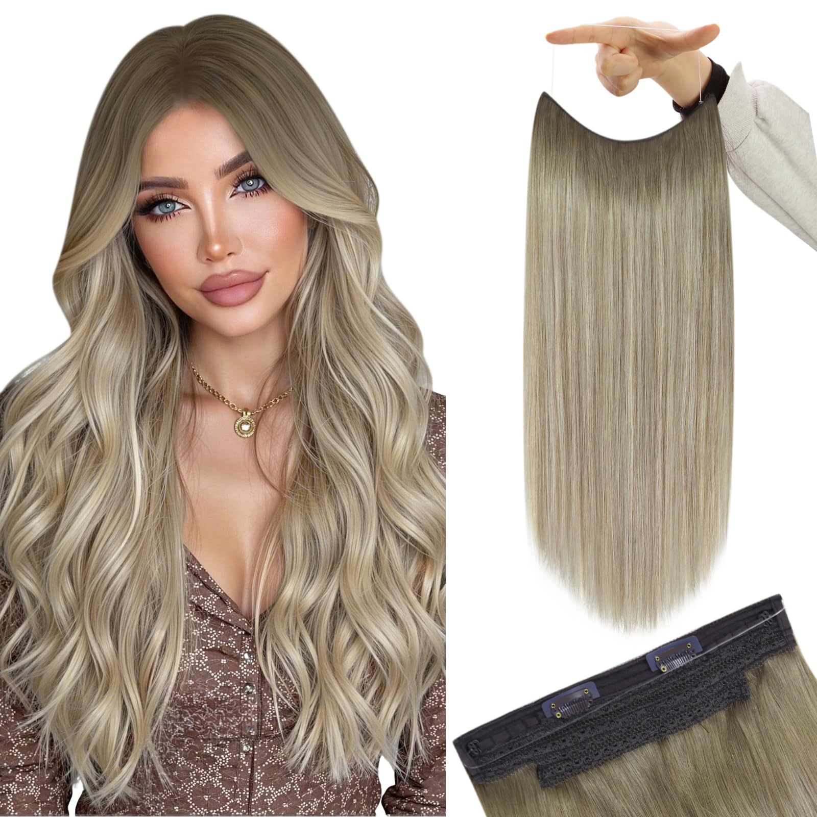 YoungSee Wire Hair Extensions Ombre Blonde Invisible Wire Human Hair Extensions Balayage Ash Blonde Ombre Platinum Blond Fish Line Hair Extension