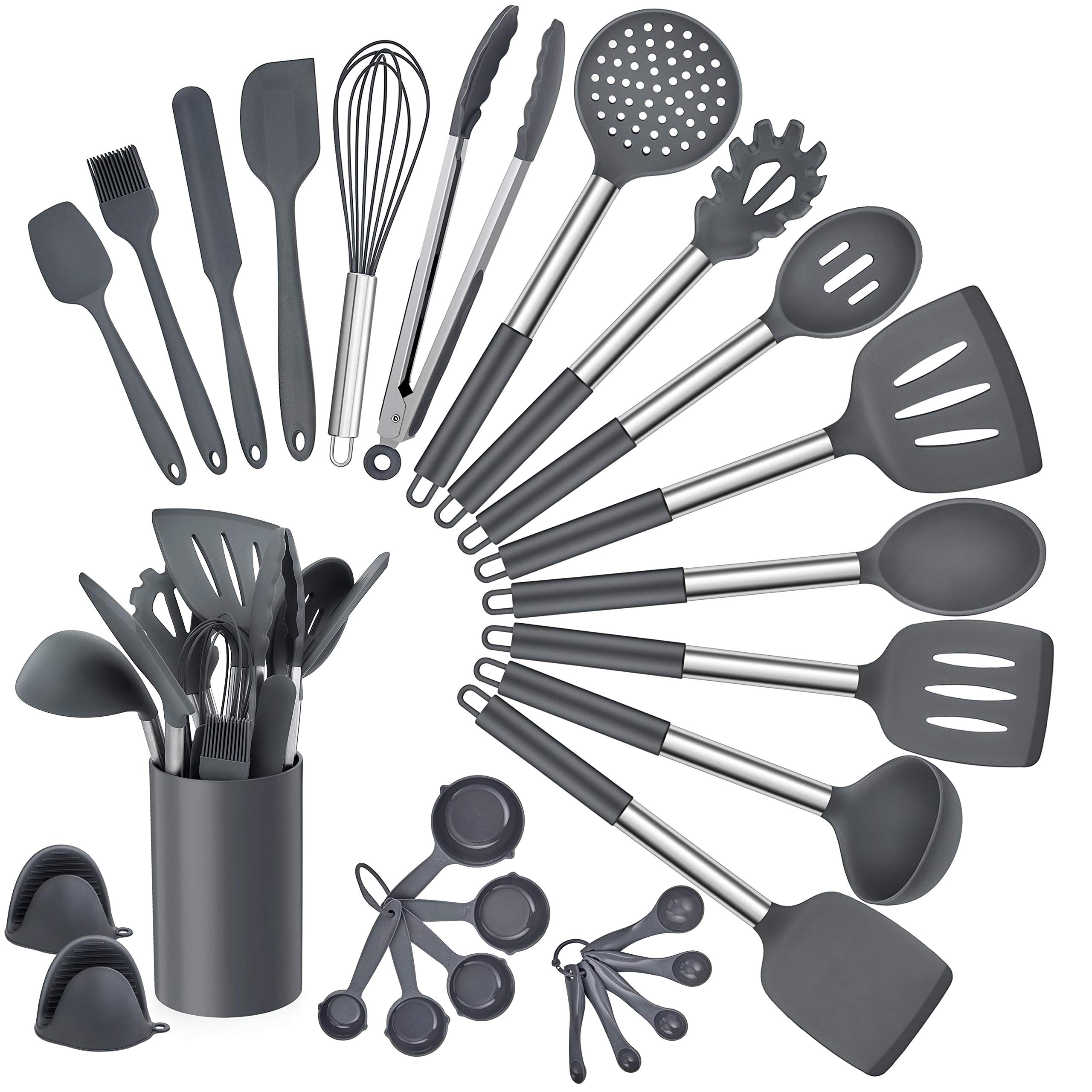 Homikit 27 Pieces Silicone Cooking Utensils Set with Holder, Kitchen Utensil Sets for Nonstick Cookware, Gray Kitchen Tool...
